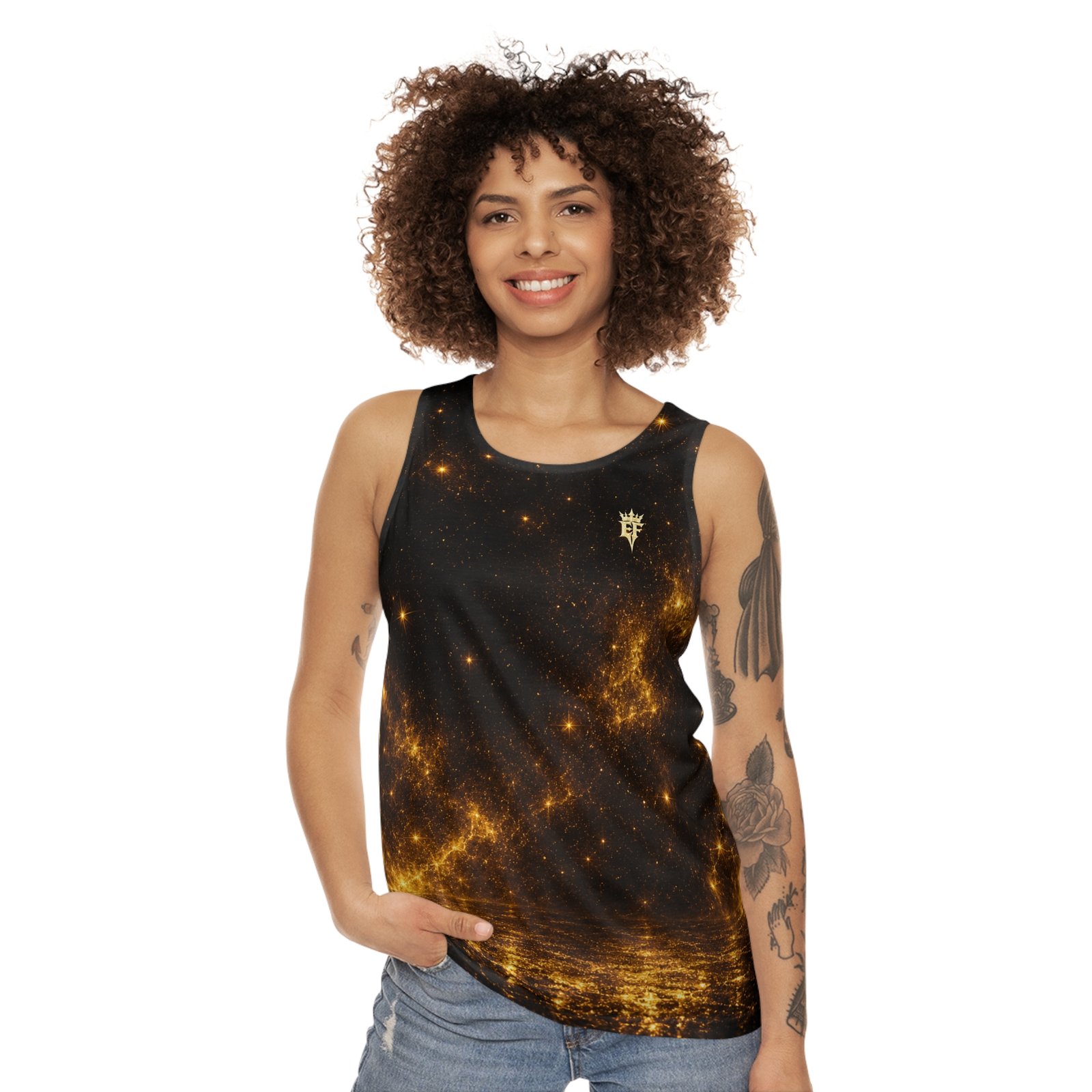 echoflame golden cosmic emblem tank top — all over print echoflame golden cosmic emblem tank top — all over print