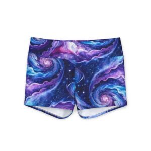 echoflame galaxy swirl yoga shorts — purple space print women's activewear