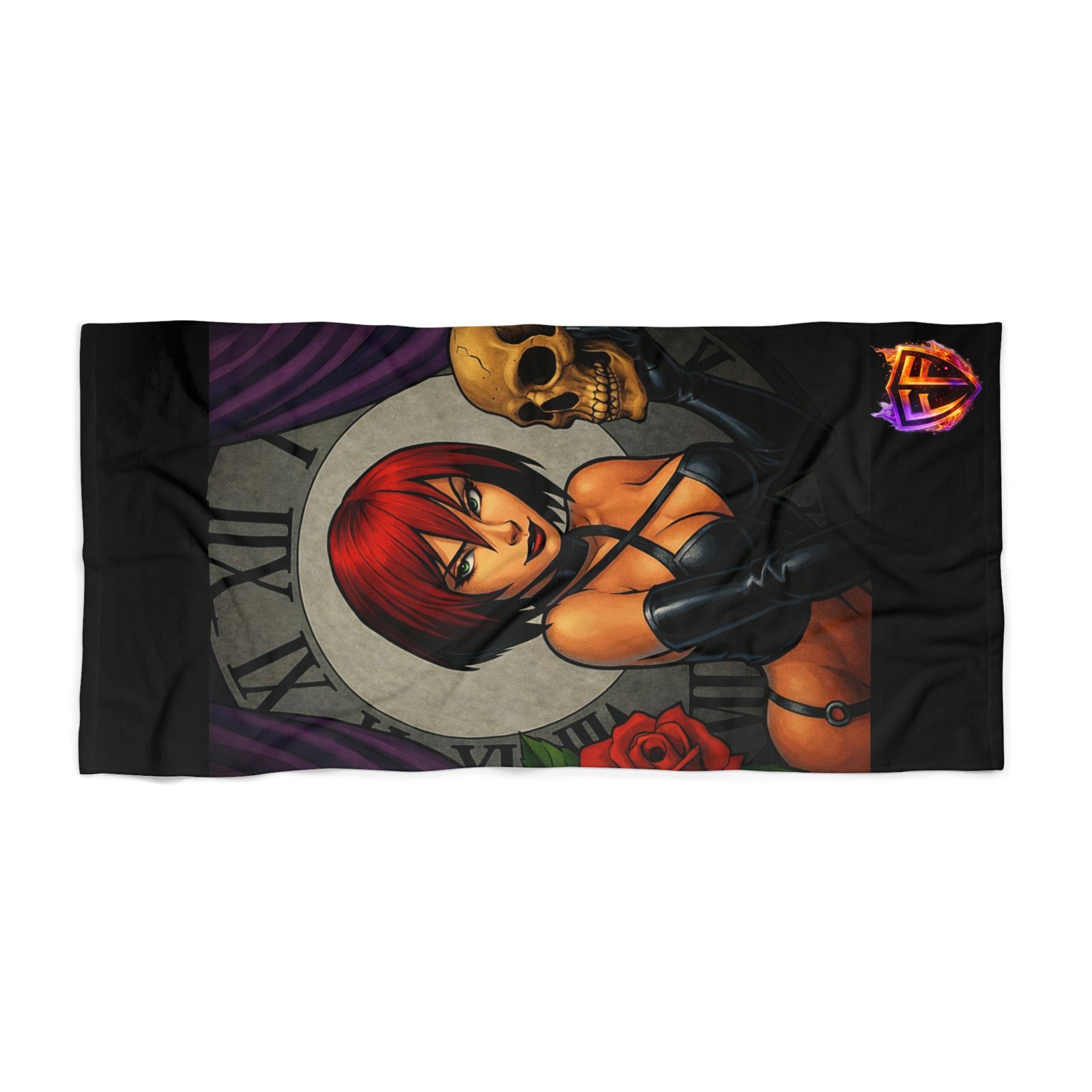 echoflame gothic pinup beach towel – red haired vampire girl with skull & clock design echoflame gothic pinup beach towel – red haired vampire girl with skull & clock design