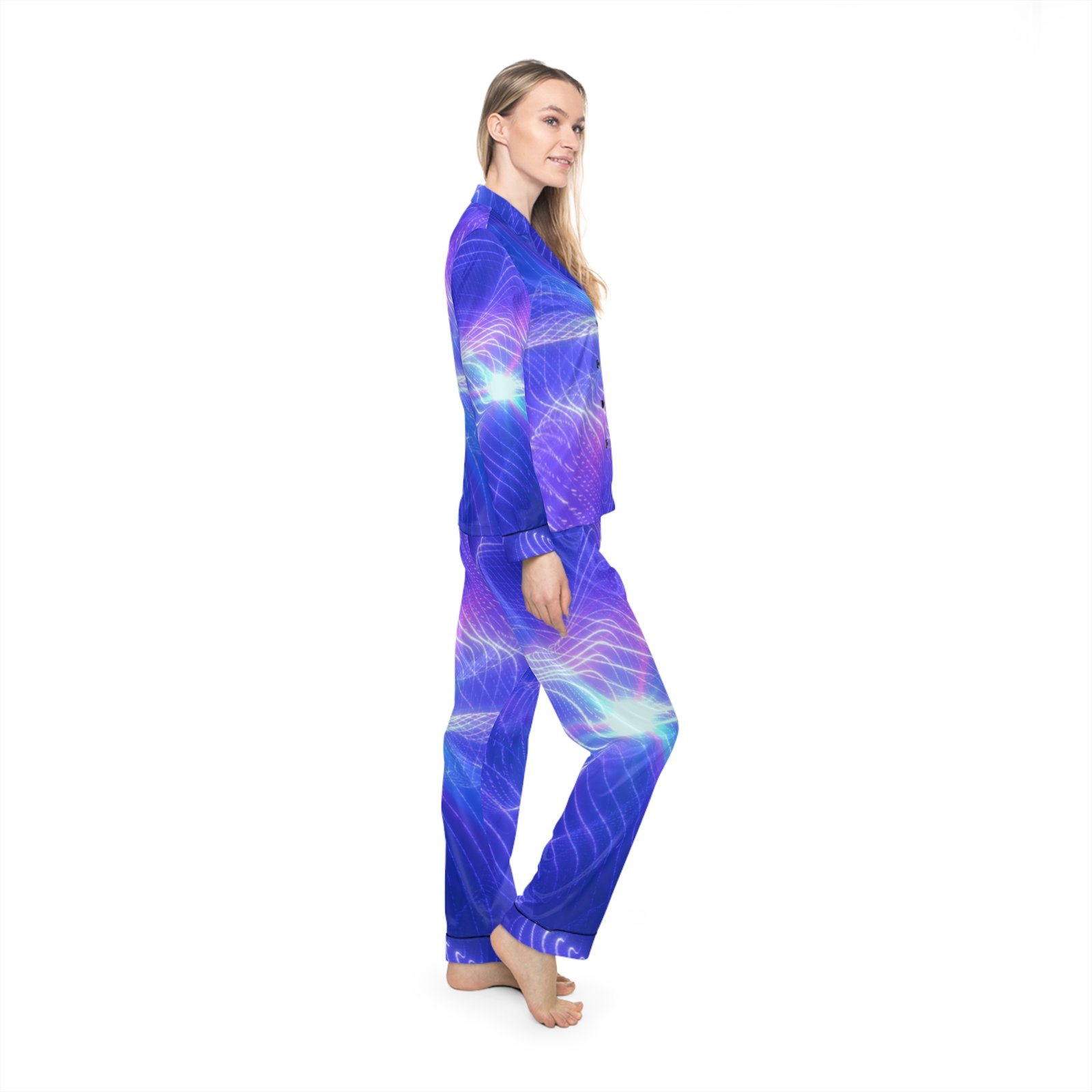 echoflame women's satin pajama set — purple blue galaxy wave print loungewear echoflame women's satin pajama set — purple blue galaxy wave print loungewear
