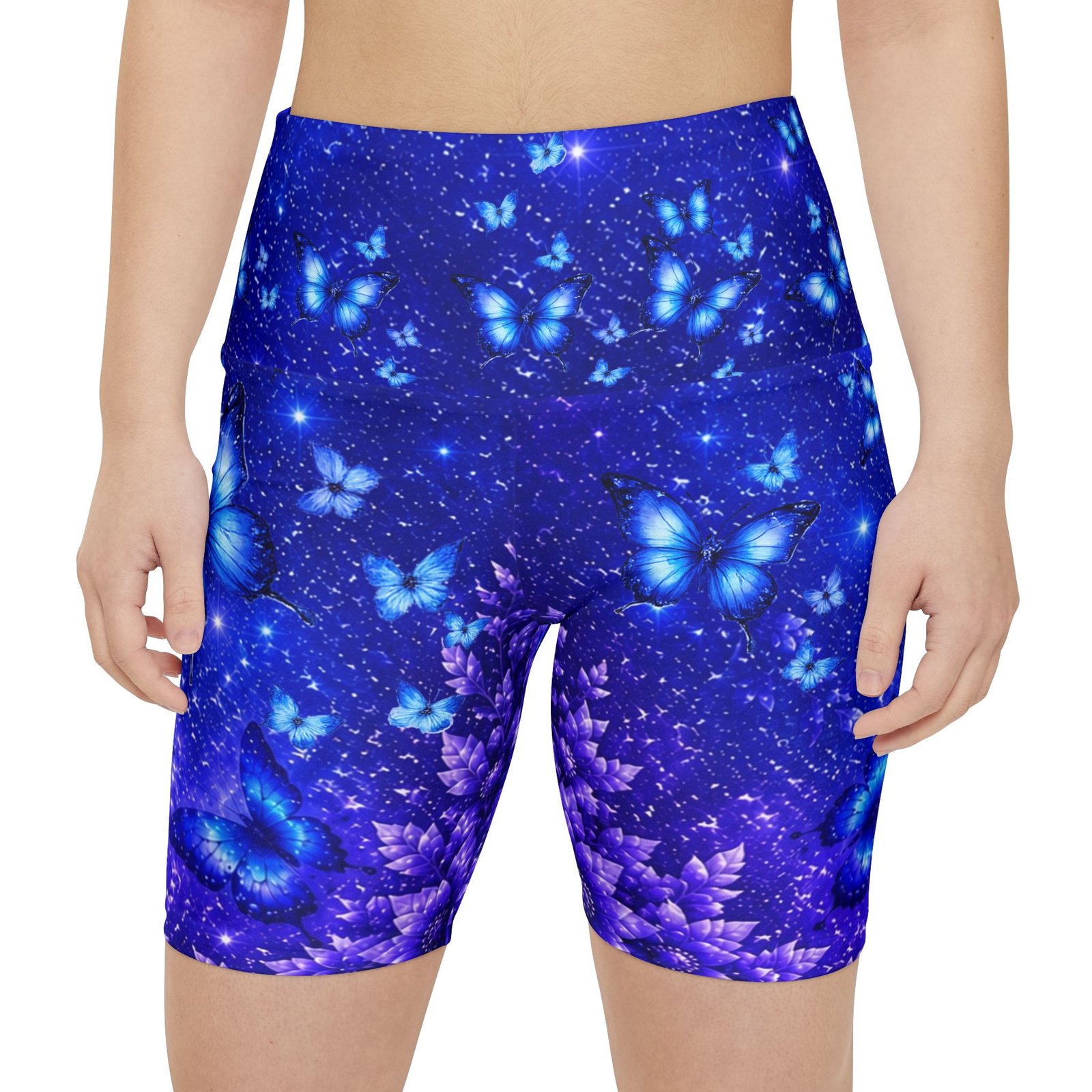 echoflame blue butterfly women's workout shorts — midnight floral activewear echoflame blue butterfly women's workout shorts — midnight floral activewear