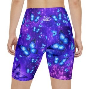 echoflame blue butterfly athletic shorts — women's purple aop workout shorts