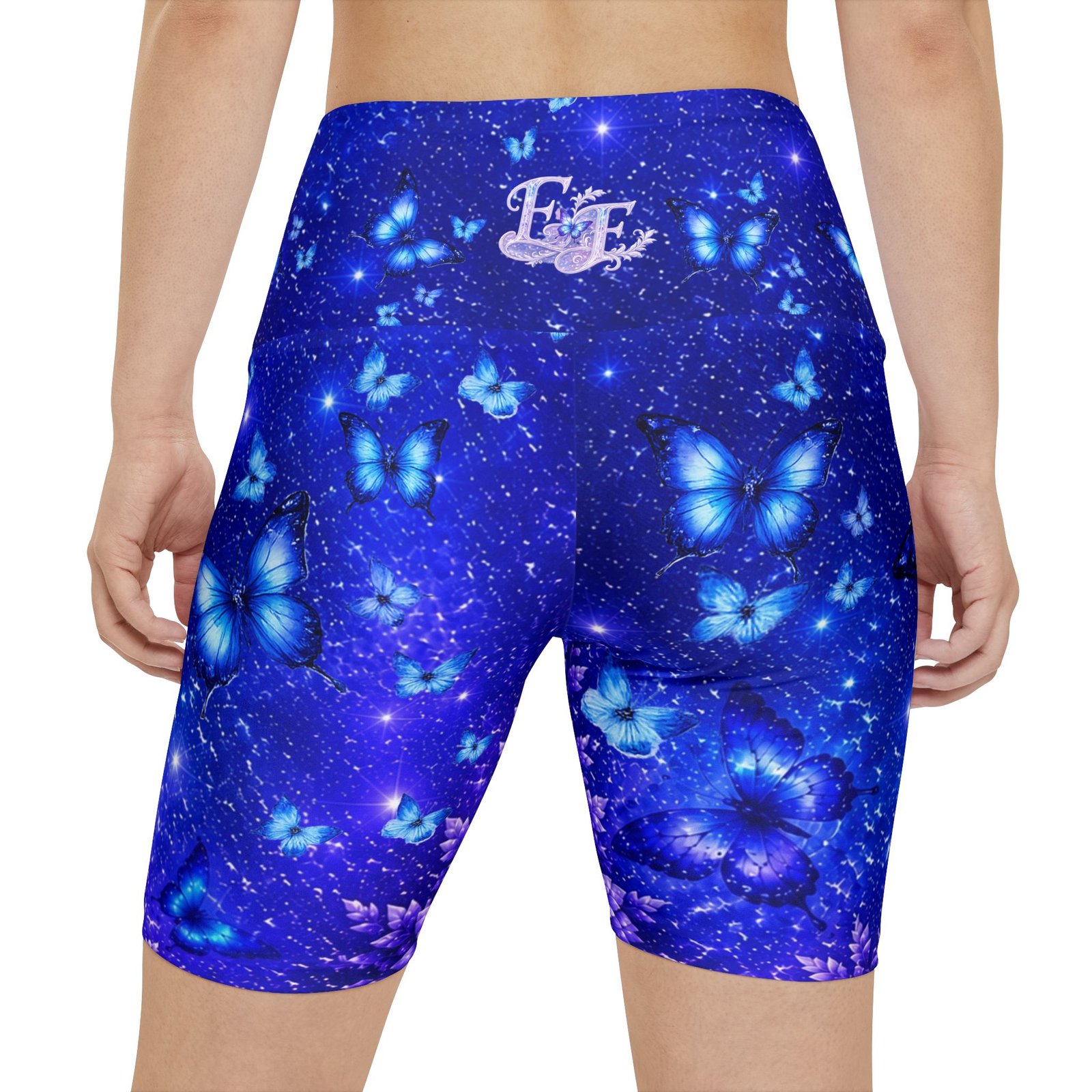echoflame blue butterfly women's workout shorts — midnight floral activewear echoflame blue butterfly women's workout shorts — midnight floral activewear