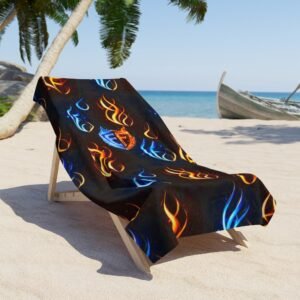 echoflame flaming neon beach towel — blue & orange fire wave pattern