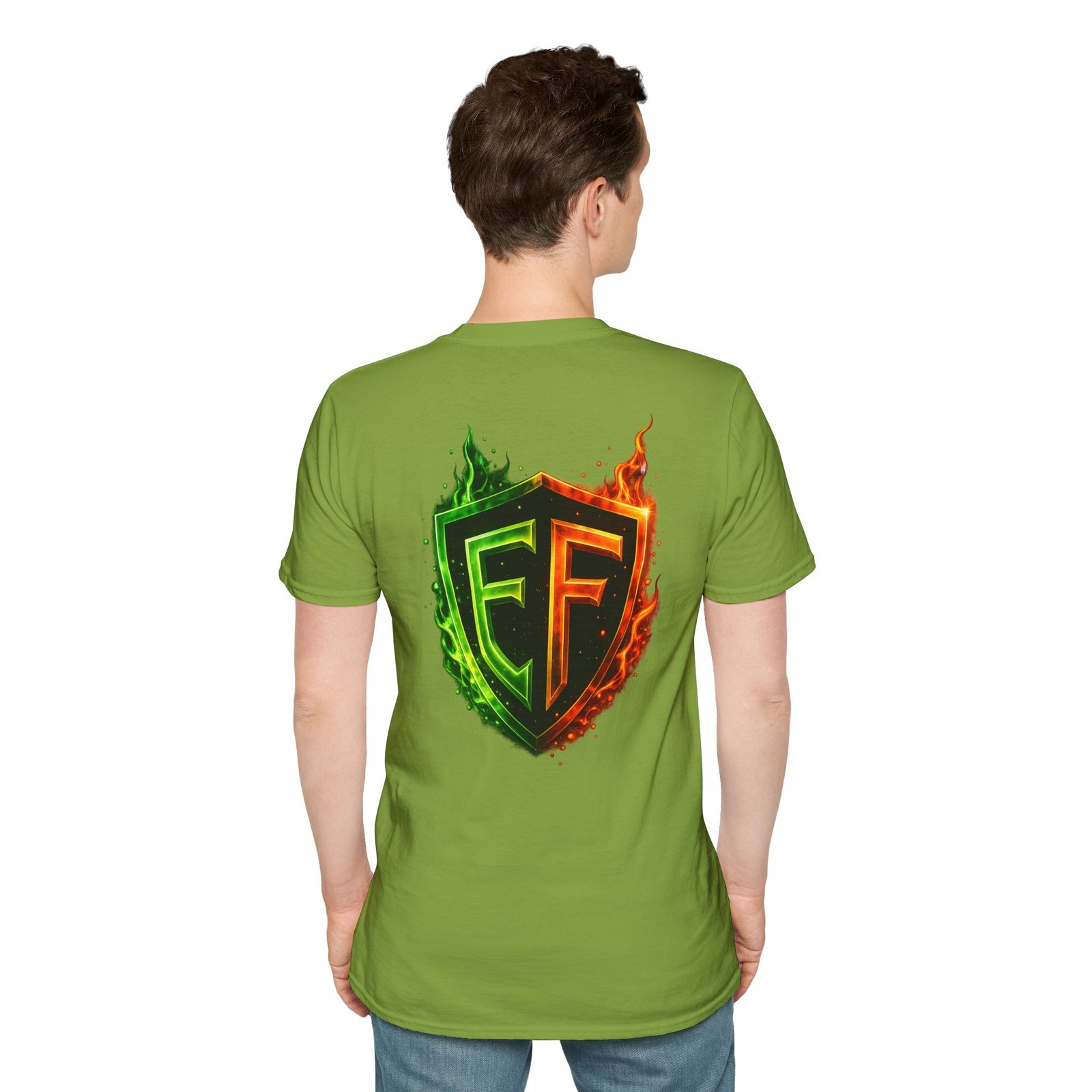 echoflame shield logo t‑shirt — flaming green & orange ef crest echoflame shield logo t‑shirt — flaming green & orange ef crest