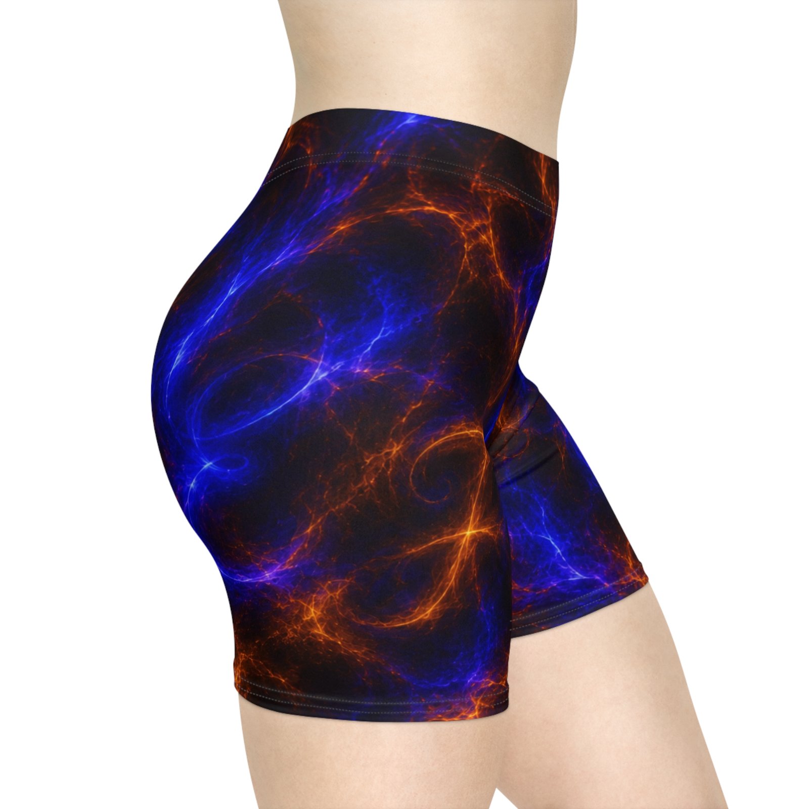 echoflame nebula flame women's biker shorts — blue & orange galaxy print activewear echoflame nebula flame women's biker shorts — blue & orange galaxy print activewear