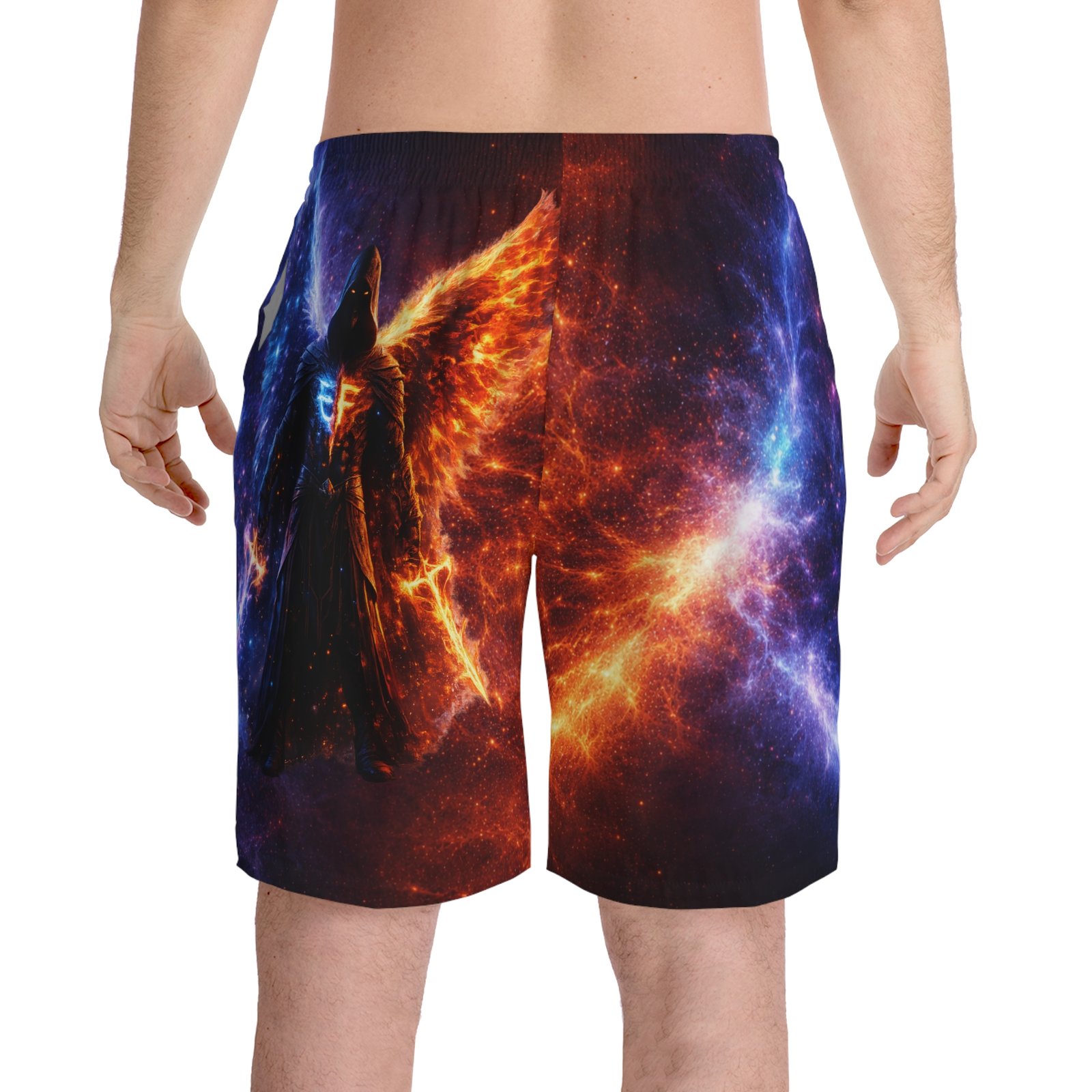 echoflame cosmic angel beach shorts — galactic phoenix wings swim trunks echoflame cosmic angel beach shorts — galactic phoenix wings swim trunks