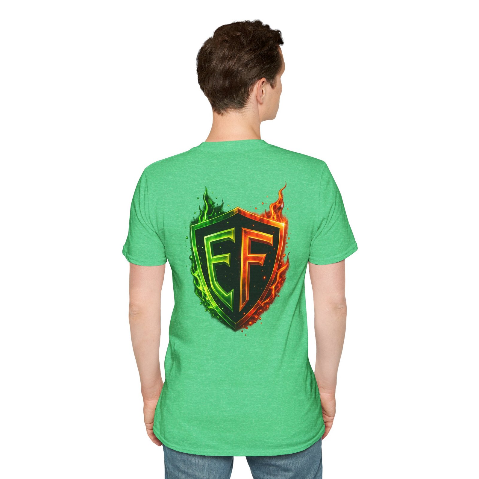 echoflame shield logo t‑shirt — flaming green & orange ef crest echoflame shield logo t‑shirt — flaming green & orange ef crest