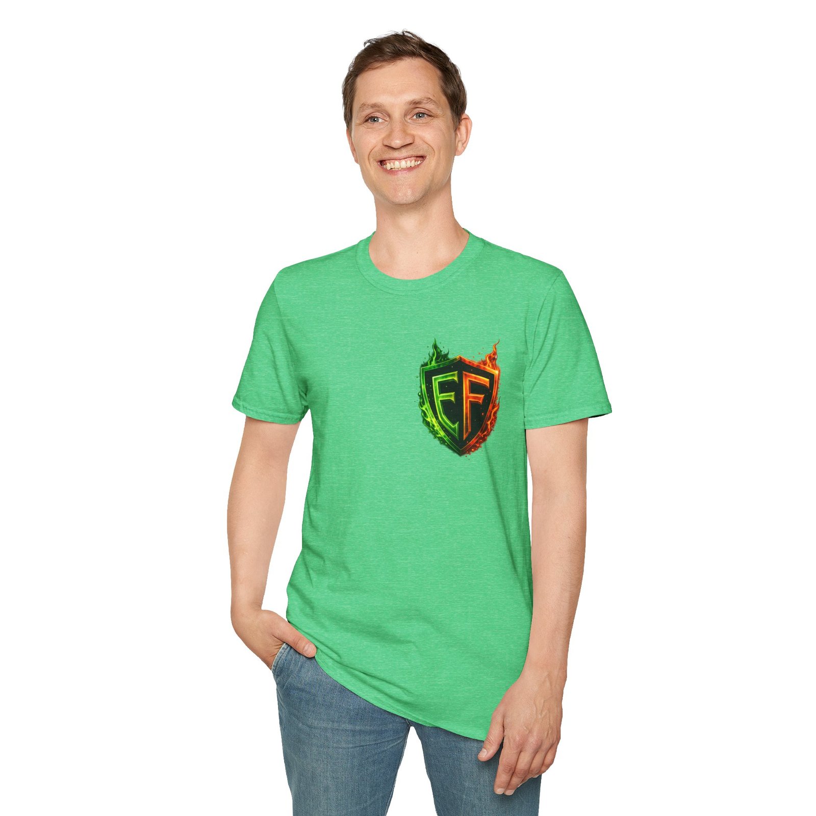 echoflame shield logo t‑shirt — flaming green & orange ef crest echoflame shield logo t‑shirt — flaming green & orange ef crest