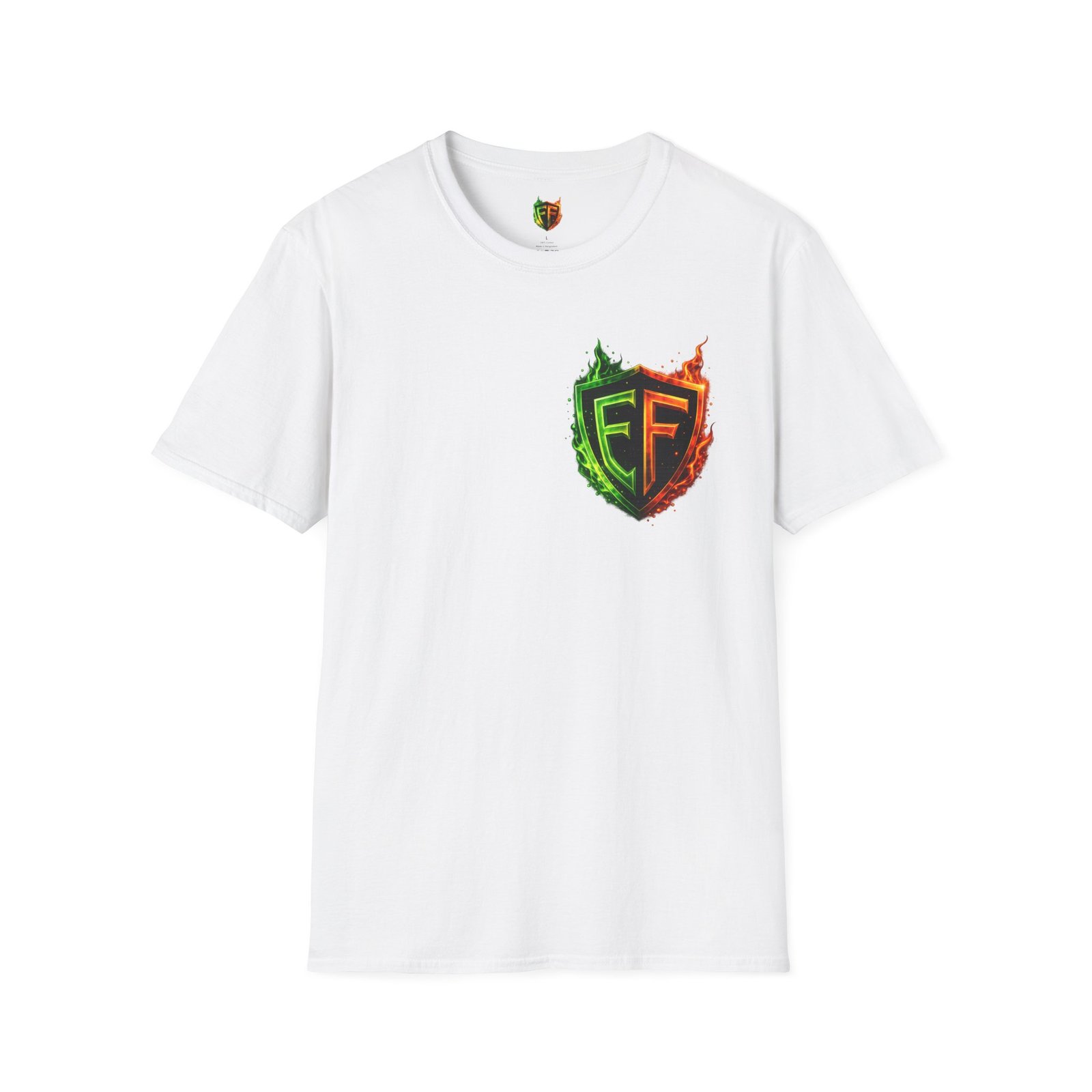 echoflame shield logo t‑shirt — flaming green & orange ef crest echoflame shield logo t‑shirt — flaming green & orange ef crest