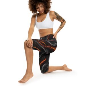 echoflame fiery marble capri leggings — black & orange all over print