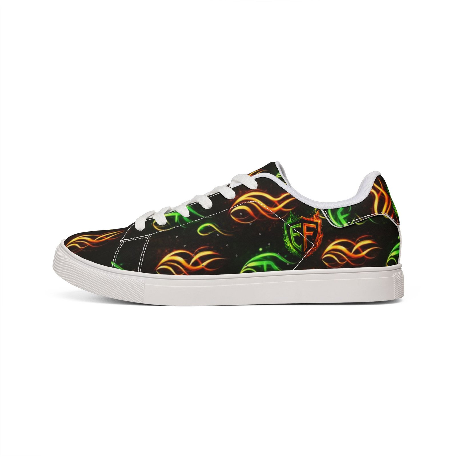 echoflame low top sneakers — neon flame graphic leather shoes for men echoflame low top sneakers — neon flame graphic leather shoes for men