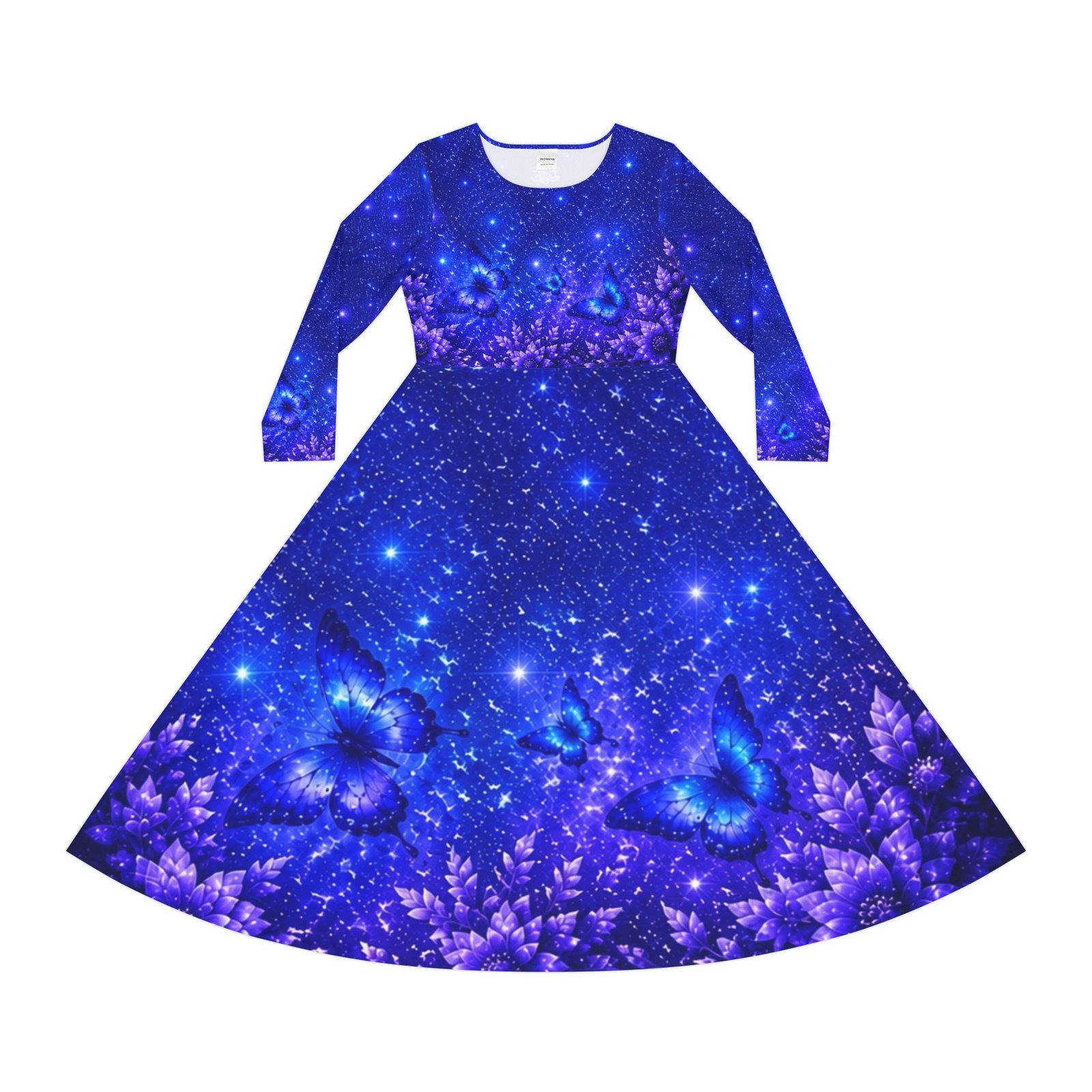 echoflame butterfly galaxy floral long sleeve dance dress — blue cosmic blossom aop echoflame butterfly galaxy floral long sleeve dance dress — blue cosmic blossom aop