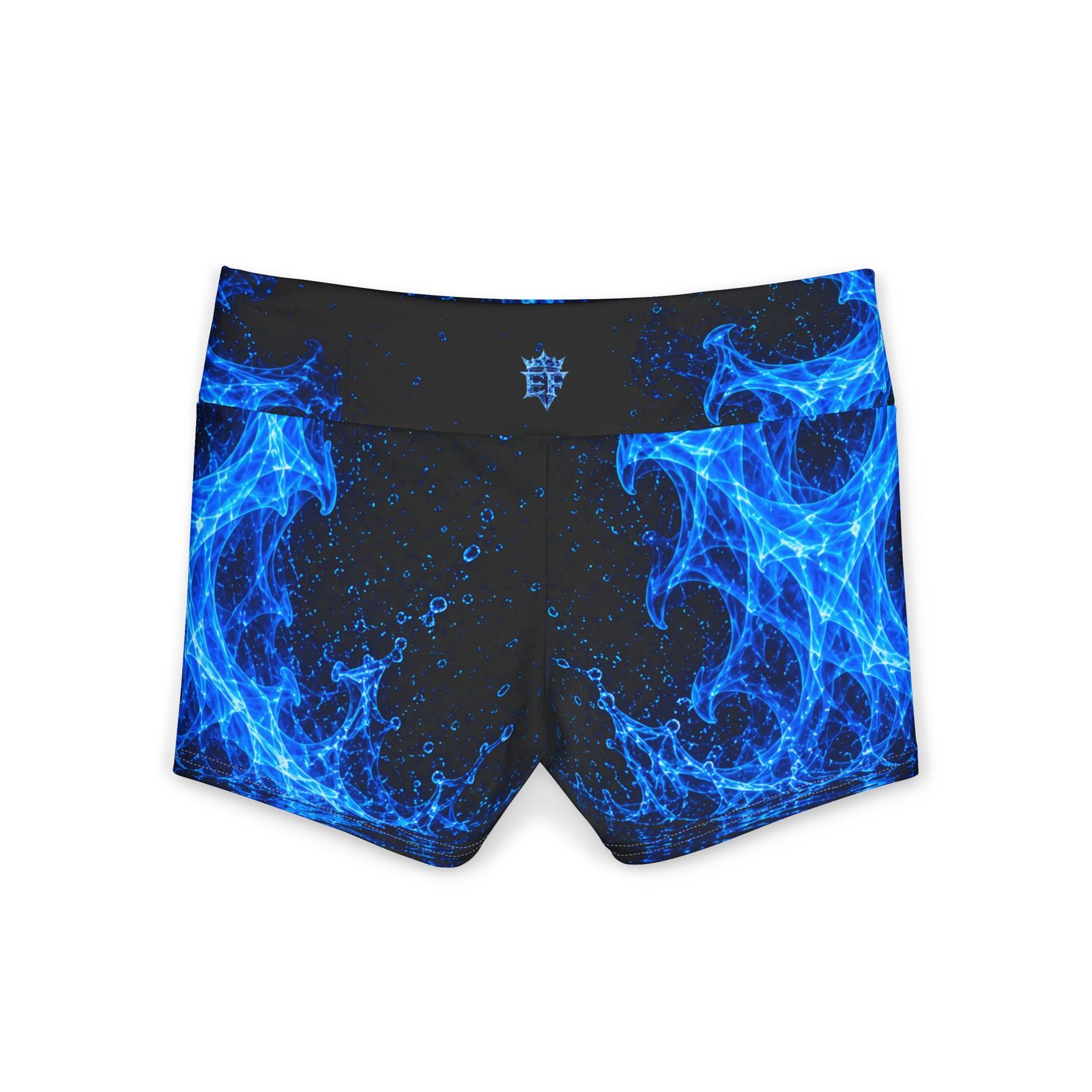echoflame blue flame yoga shorts — women's activewear printed workout shorts echoflame blue flame yoga shorts — women's activewear printed workout shorts