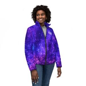 echoflame galaxy butterfly women’s puffer jacket – purple starfield all over print