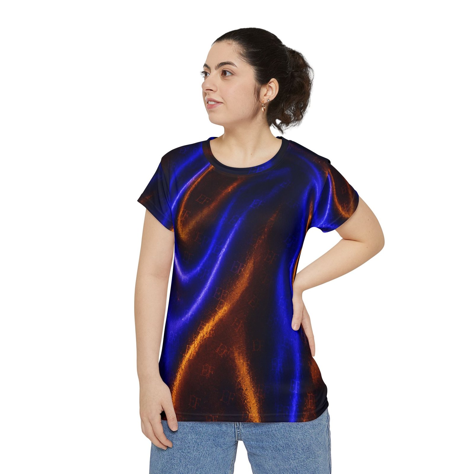echoflame women's short sleeve shirt metallic blue & copper satin wave all over print echoflame women's short sleeve shirt metallic blue & copper satin wave all over print