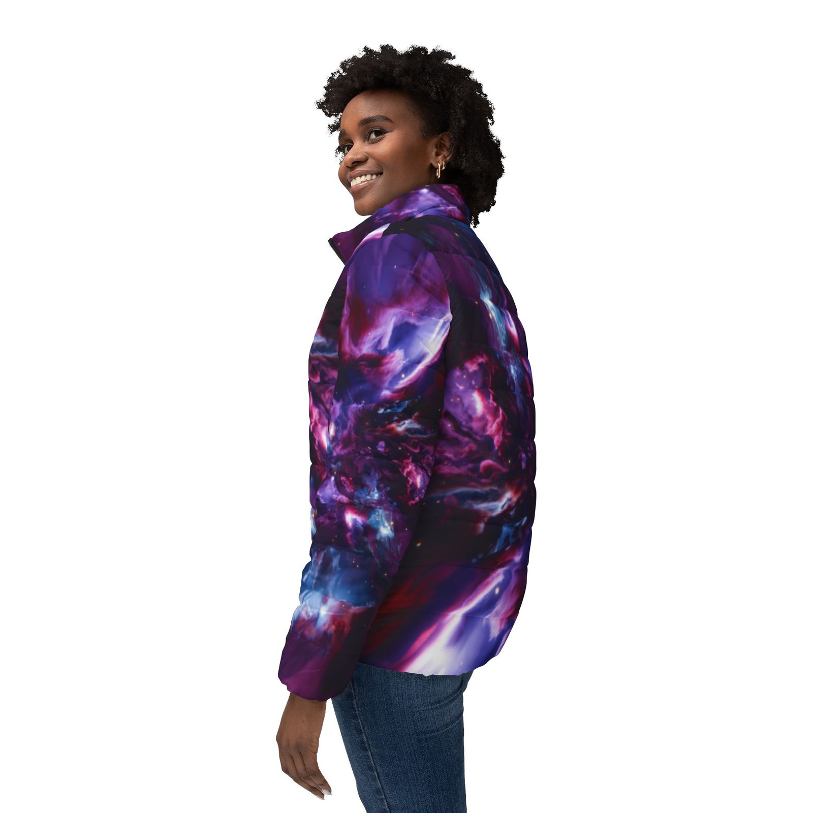 echoflame galaxy nebula women’s puffer jacket — purple space print cozy outerwear echoflame galaxy nebula women’s puffer jacket — purple space print cozy outerwear