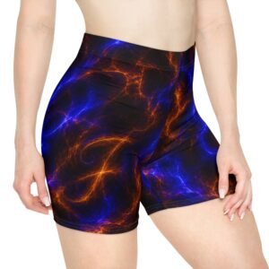 echoflame nebula flame women's biker shorts — blue & orange galaxy print activewear