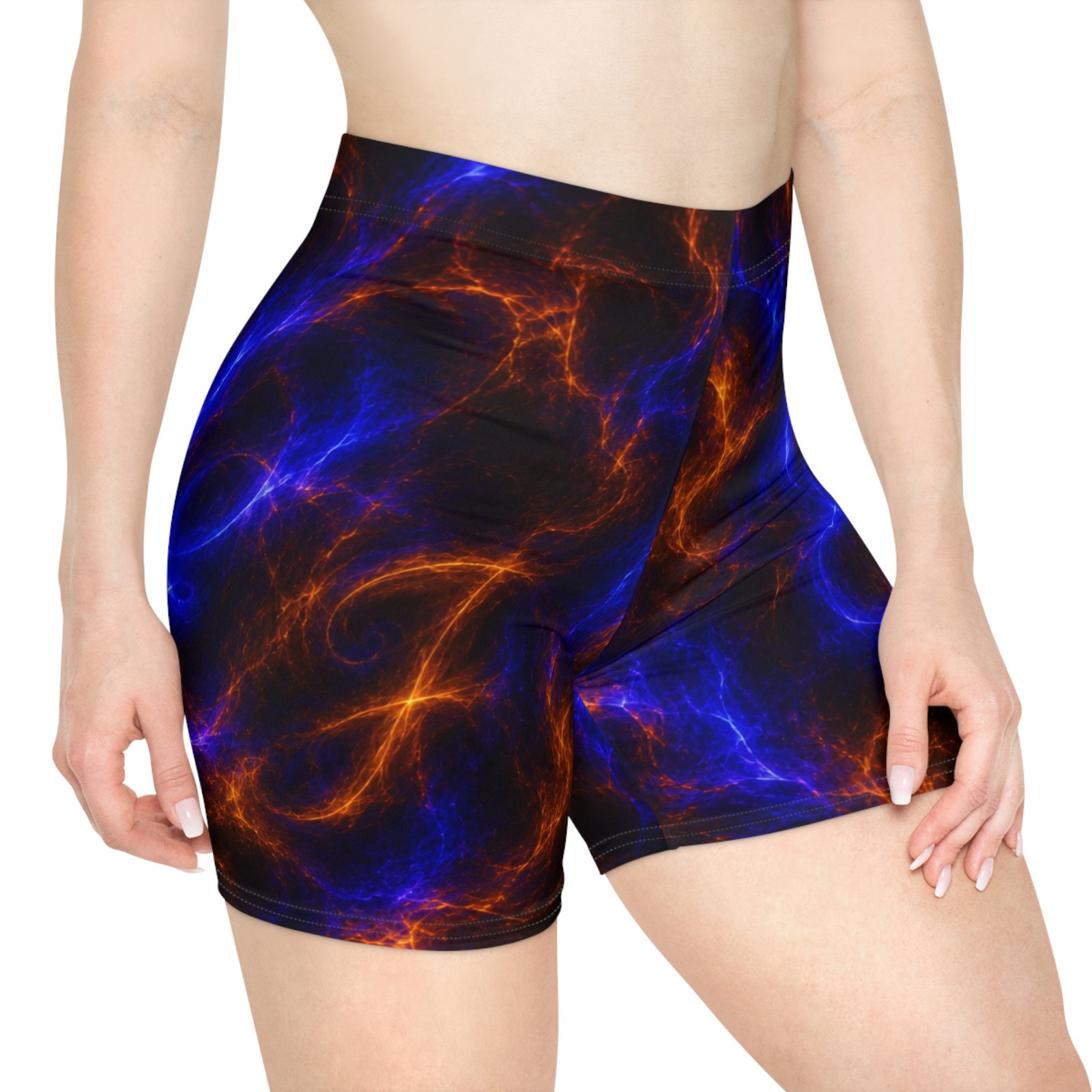 echoflame nebula flame women's biker shorts — blue & orange galaxy print activewear echoflame nebula flame women's biker shorts — blue & orange galaxy print activewear