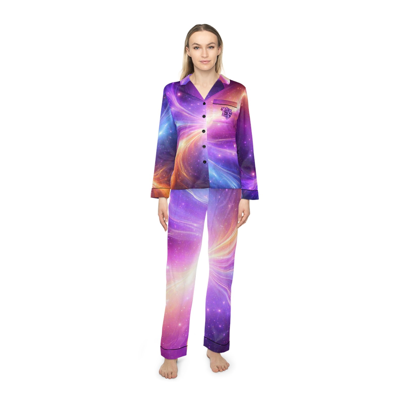 echoflame galaxy satin pajama set — women's cosmic print sleepwear echoflame galaxy satin pajama set — women's cosmic print sleepwear