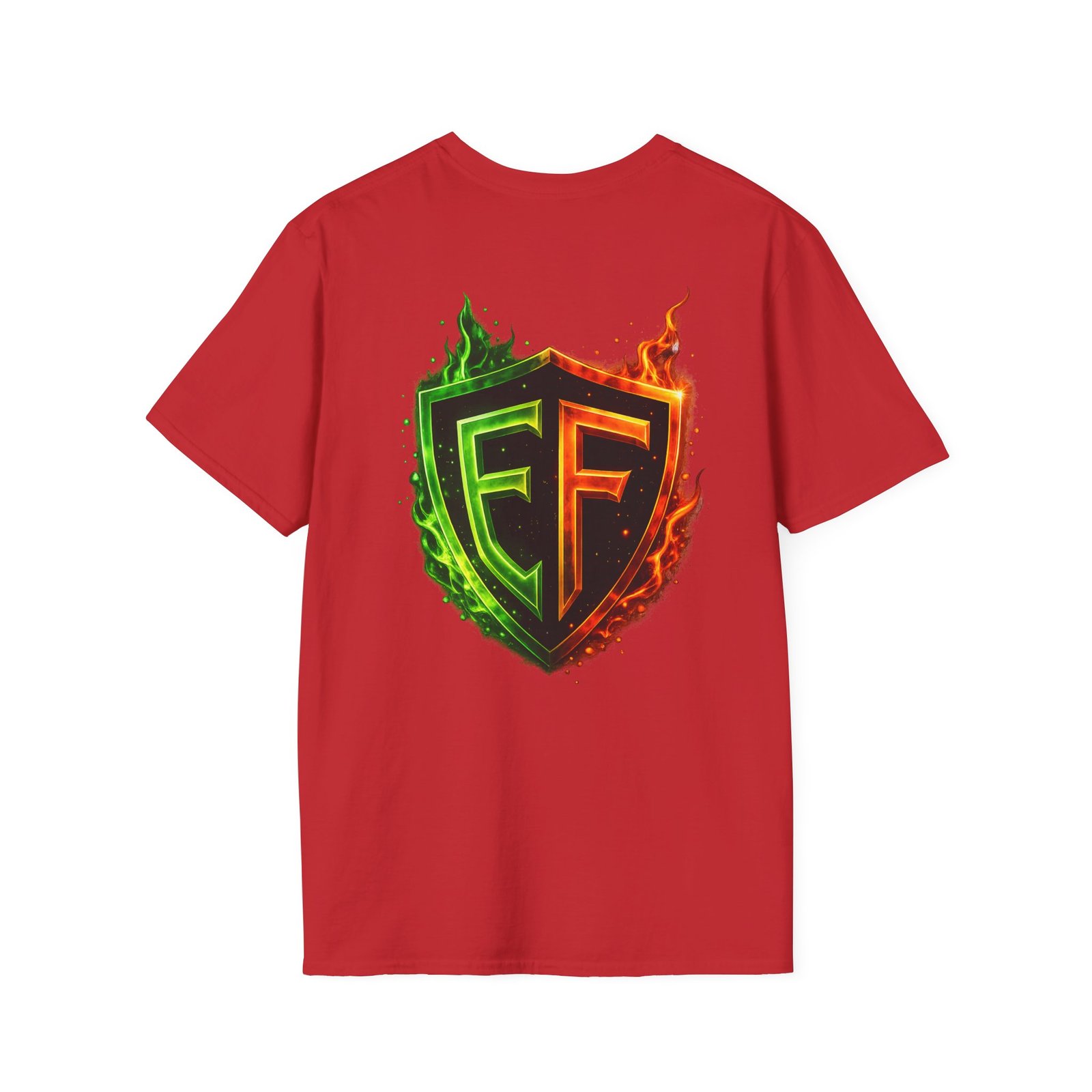 echoflame shield logo t‑shirt — flaming green & orange ef crest echoflame shield logo t‑shirt — flaming green & orange ef crest