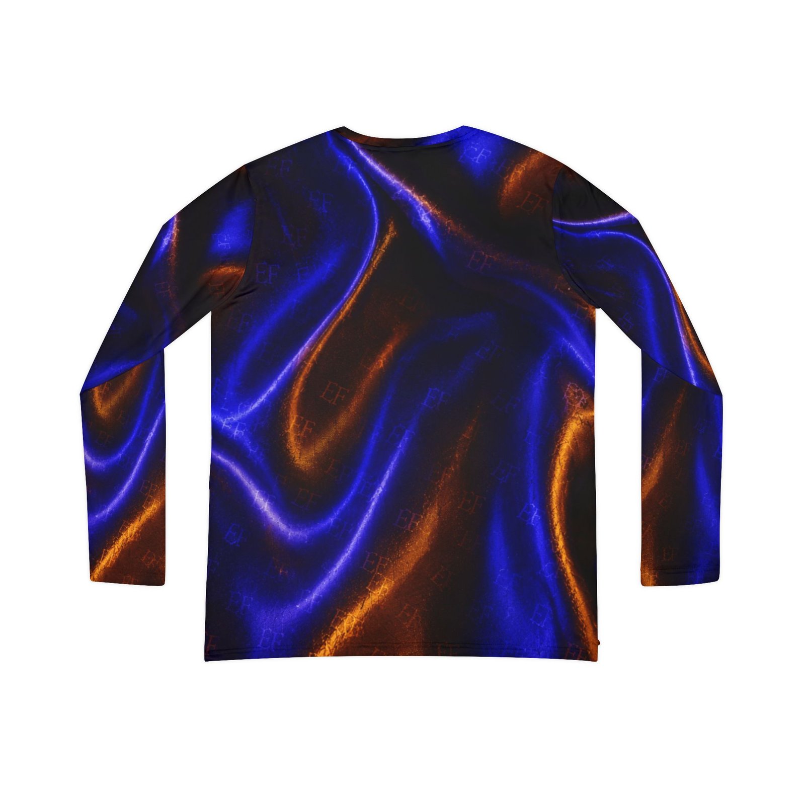 echoflame women's v neck long sleeve shirt — electric blue & copper satin wave all over print echoflame women's v neck long sleeve shirt — electric blue & copper satin wave all over print