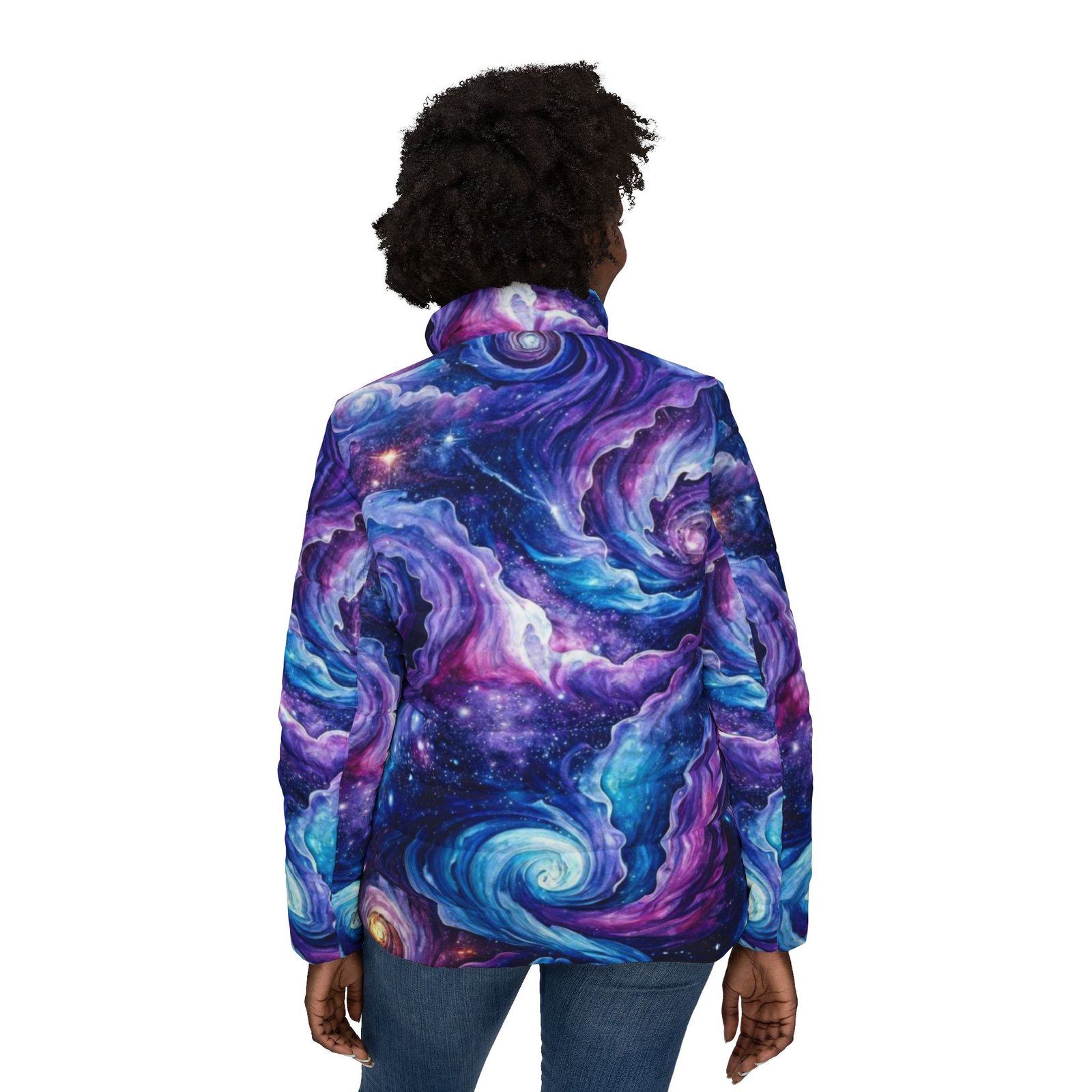 echoflame galaxy swirl puffer jacket — women's cosmic space print outerwear echoflame galaxy swirl puffer jacket — women's cosmic space print outerwear