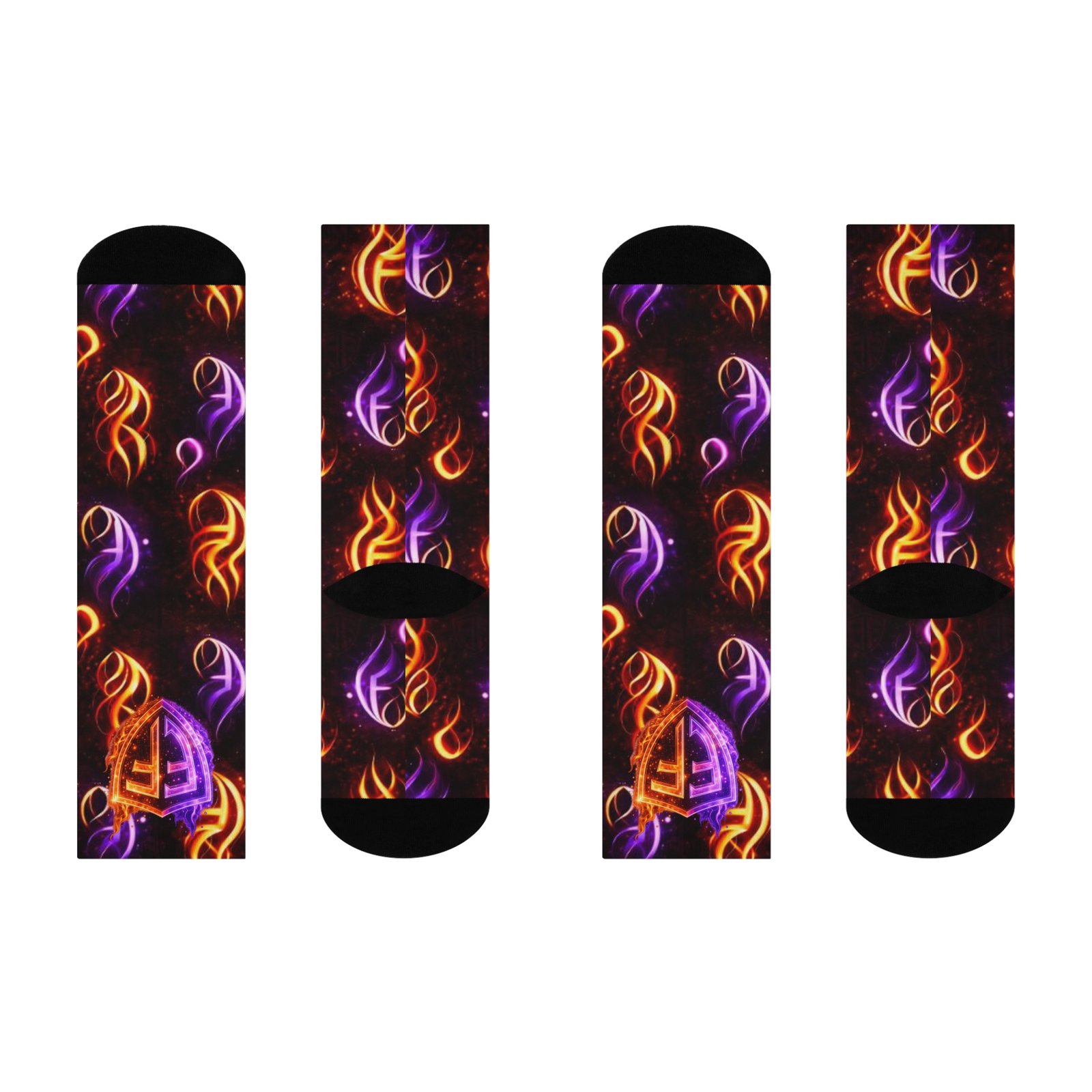 echoflame flaming emblem crew socks — colorful purple & orange fire pattern cushioned socks echoflame flaming emblem crew socks — colorful purple & orange fire pattern cushioned socks