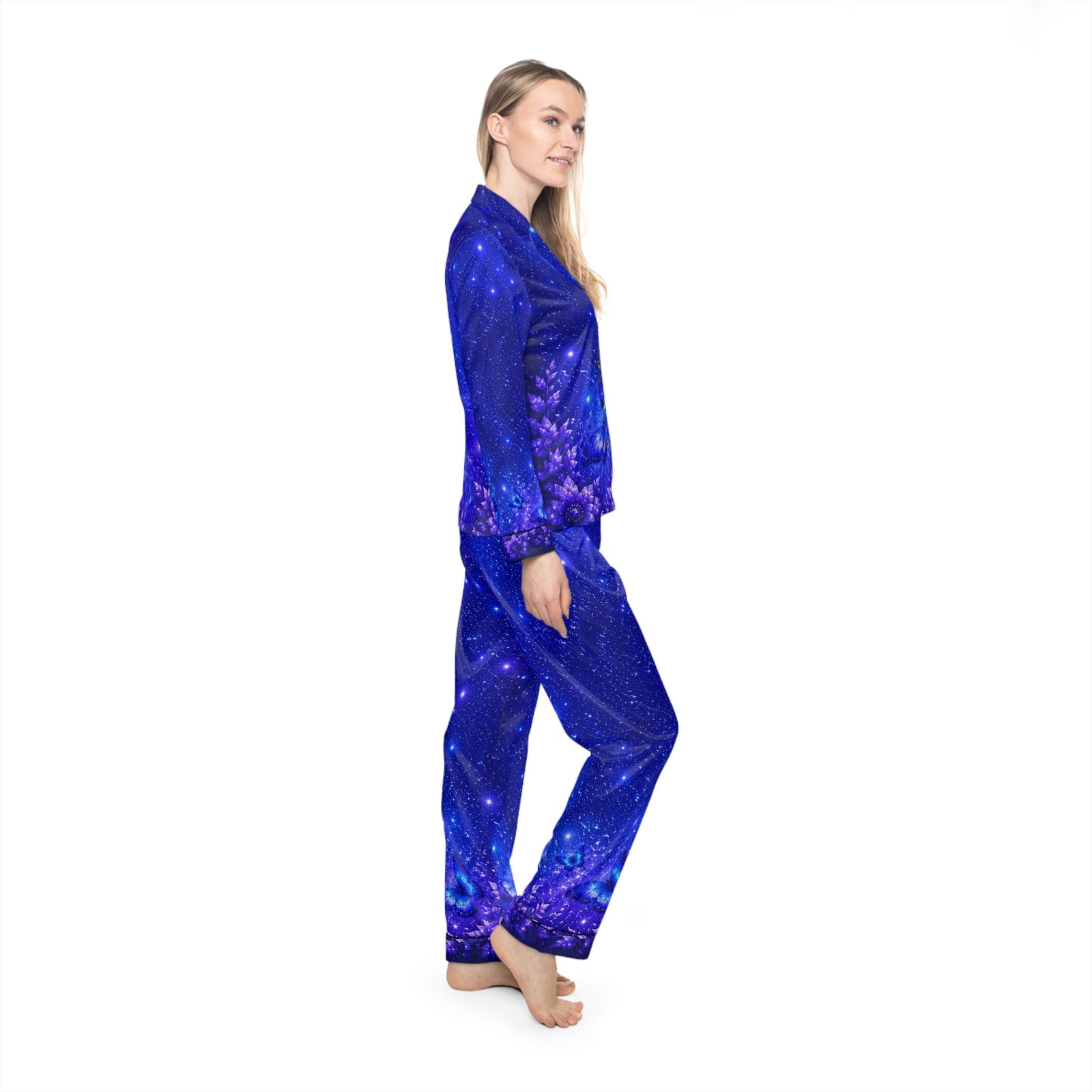 echoflame galaxy satin pajama set — women's cosmic star print sleepwear echoflame galaxy satin pajama set — women's cosmic star print sleepwear