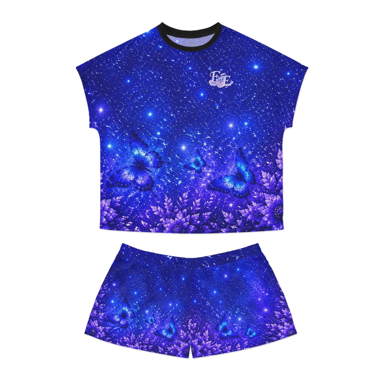 echoflame women's starry blue butterfly pajama set — short sleepwear echoflame women's starry blue butterfly pajama set — short sleepwear