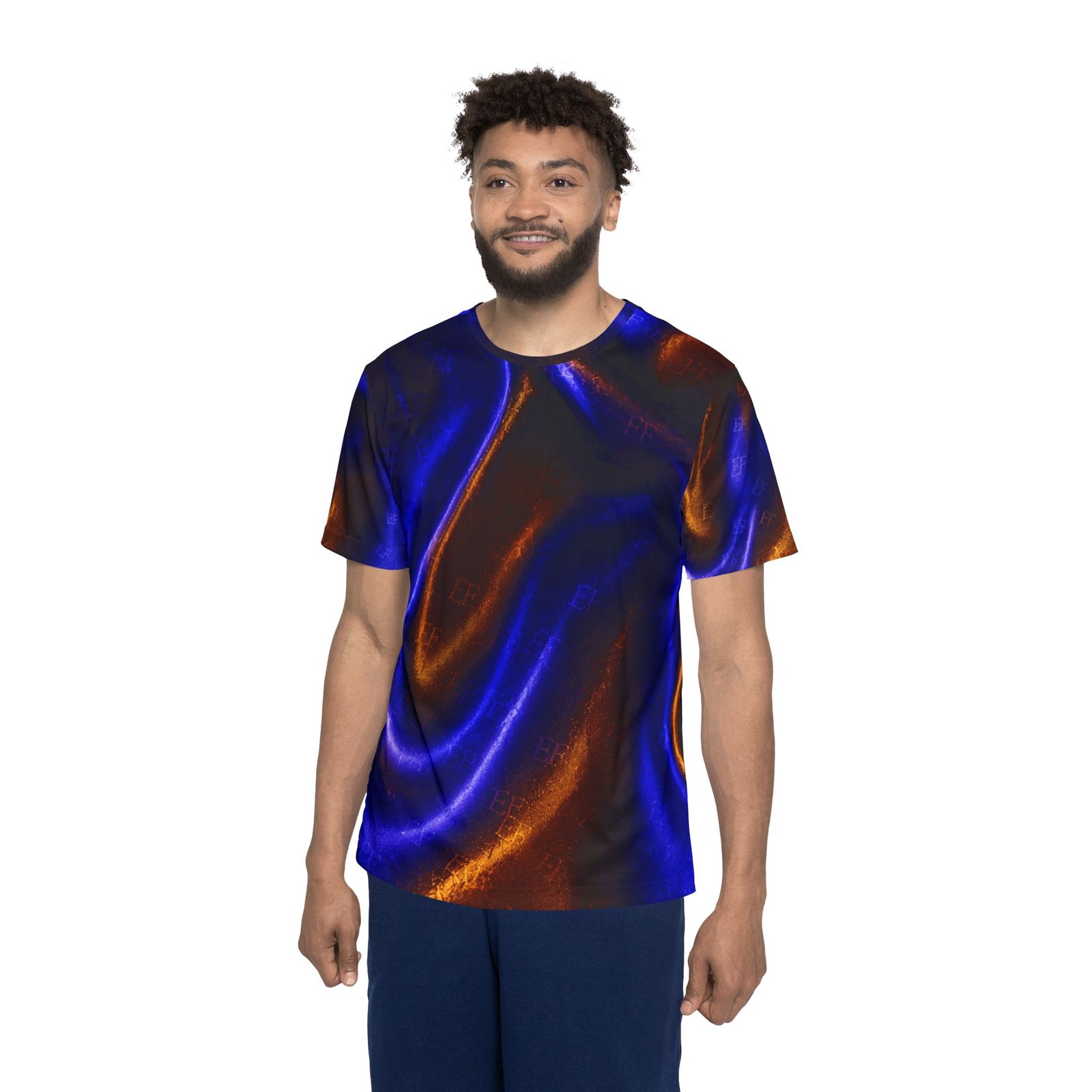 echoflame men's abstract metallic wave sports jersey — blue & copper all over print echoflame men's abstract metallic wave sports jersey — blue & copper all over print