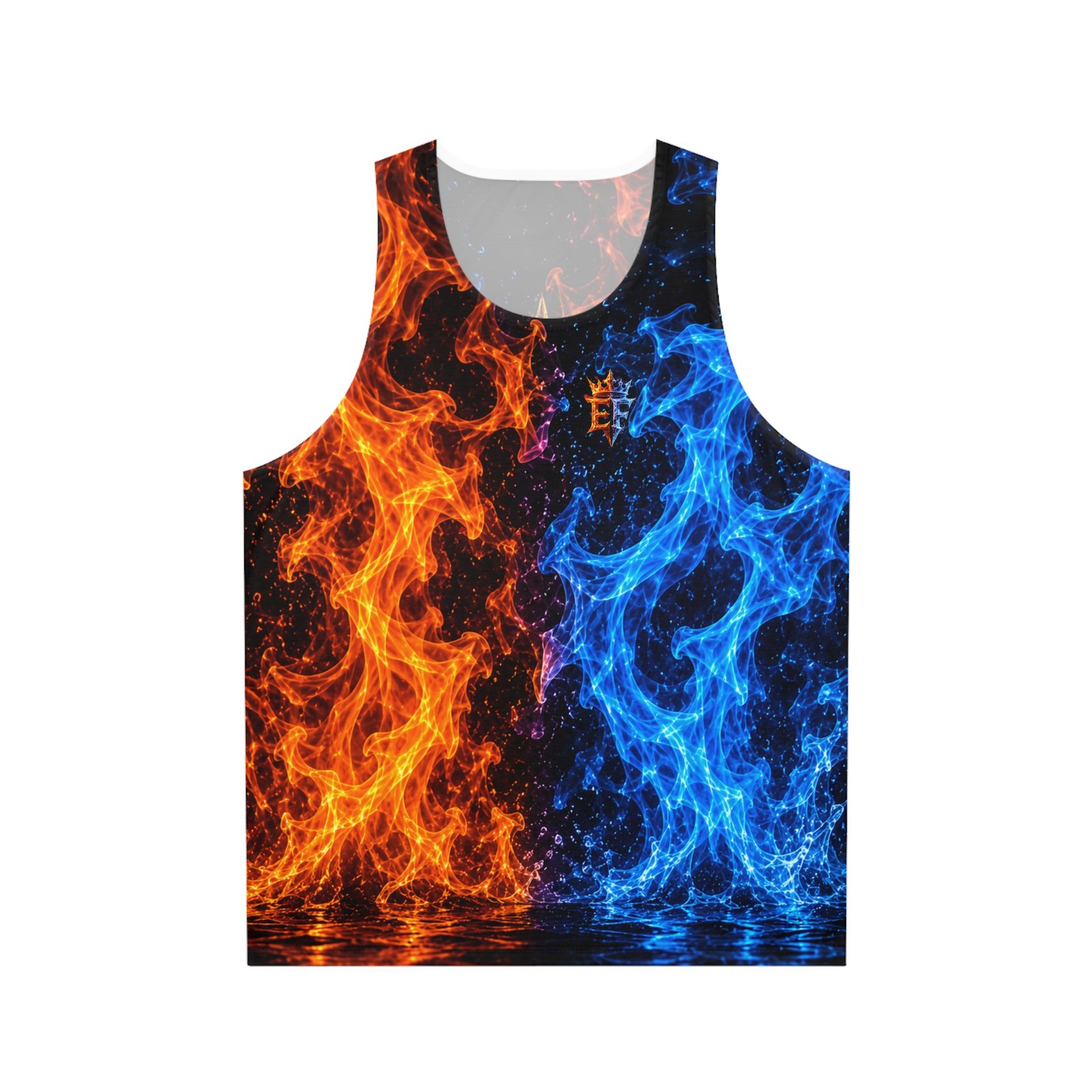 echoflame fire and ice all over print tank top — blue & orange flame graphic echoflame fire and ice all over print tank top — blue & orange flame graphic