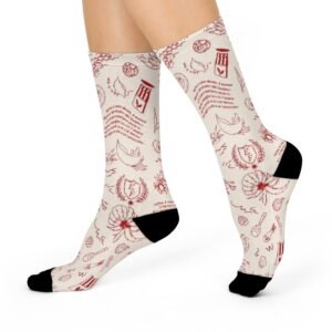 echoflame vintage travel postcard crew socks — cushioned socks with passport, postmark & shell sketches