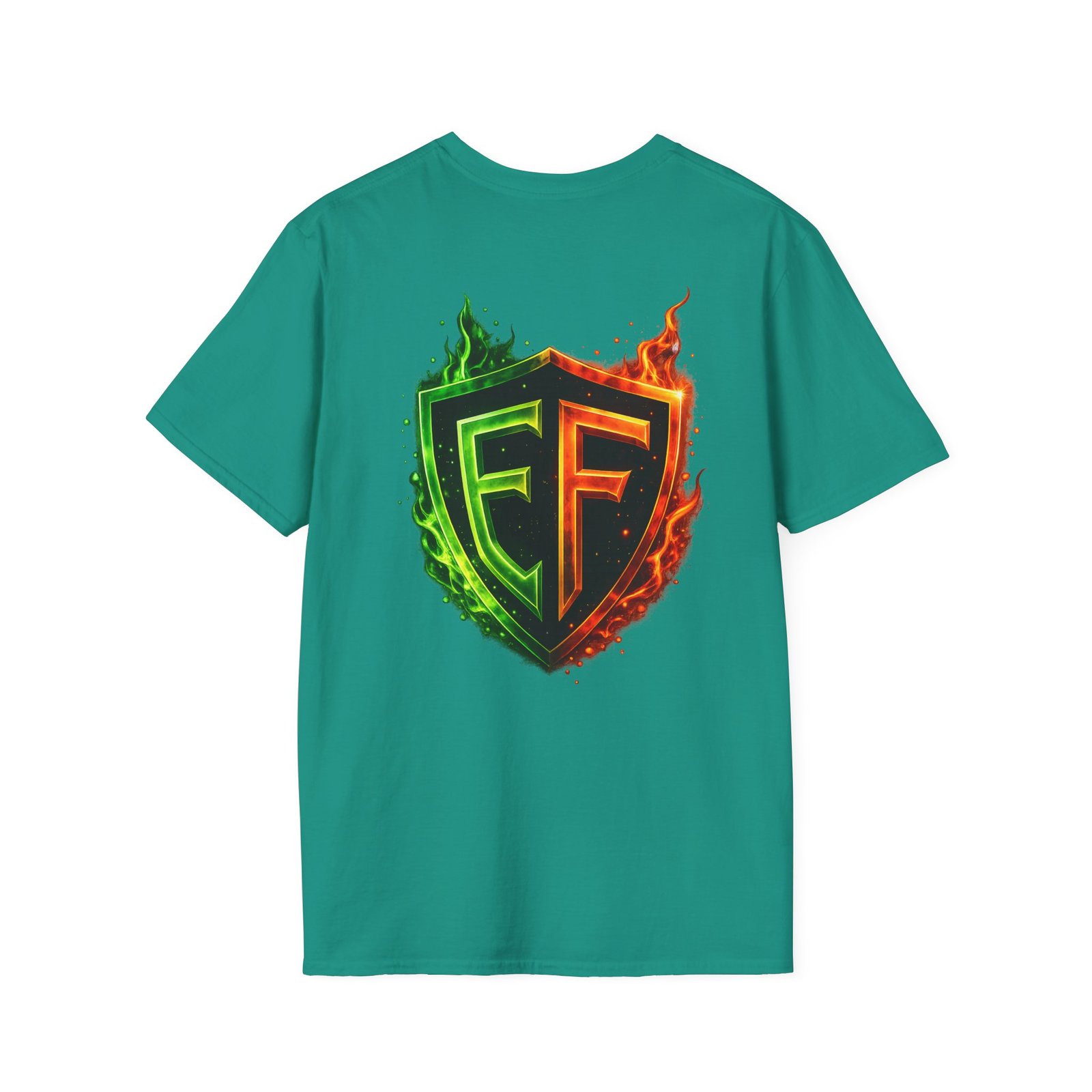 echoflame shield logo t‑shirt — flaming green & orange ef crest echoflame shield logo t‑shirt — flaming green & orange ef crest