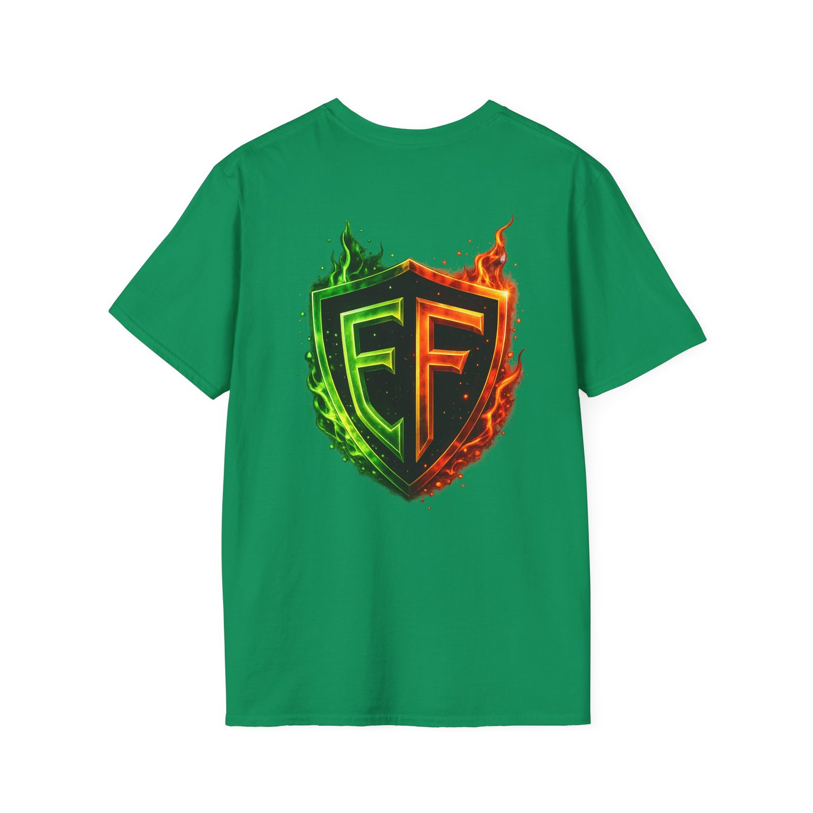 echoflame shield logo t‑shirt — flaming green & orange ef crest echoflame shield logo t‑shirt — flaming green & orange ef crest
