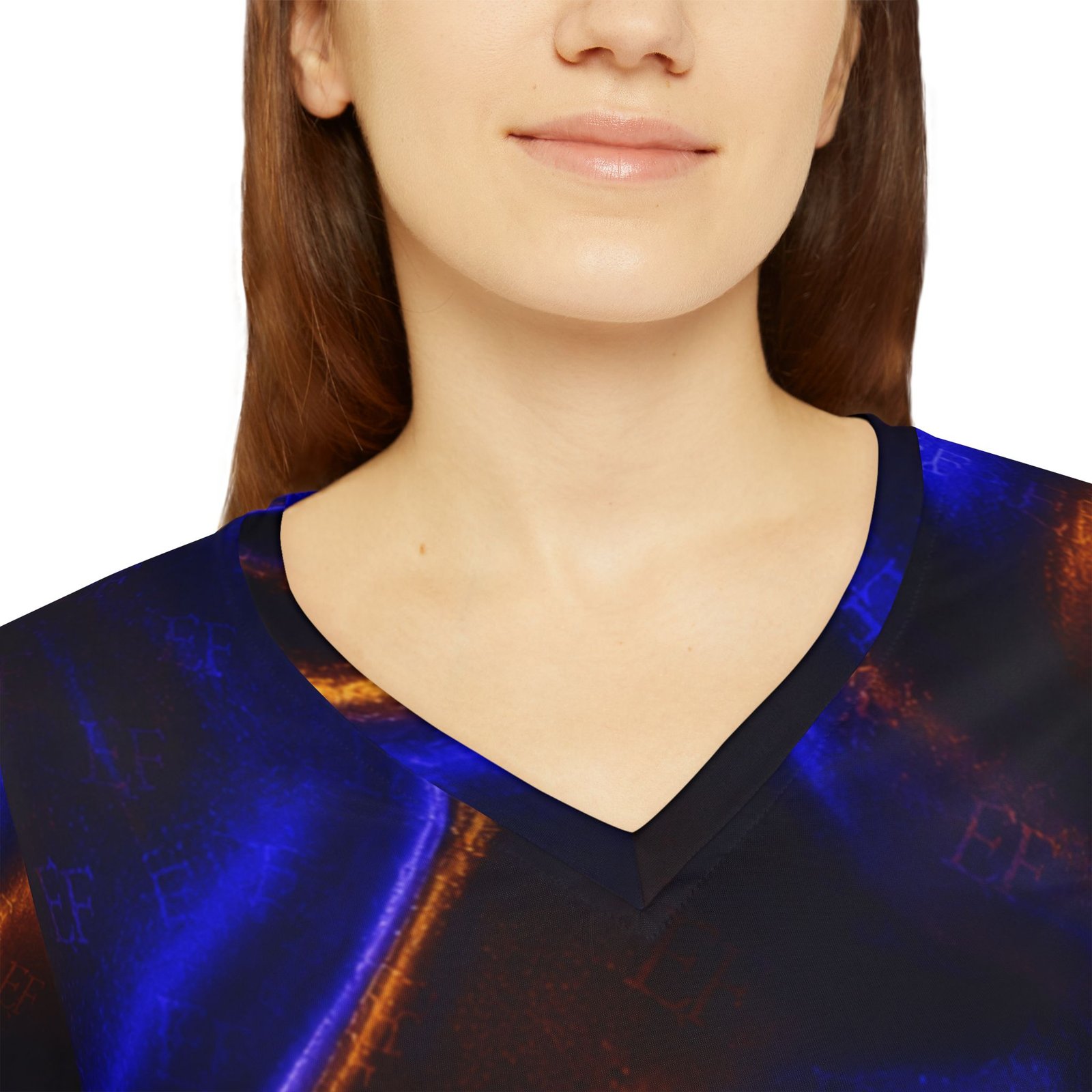 echoflame women's v neck long sleeve shirt — electric blue & copper satin wave all over print echoflame women's v neck long sleeve shirt — electric blue & copper satin wave all over print