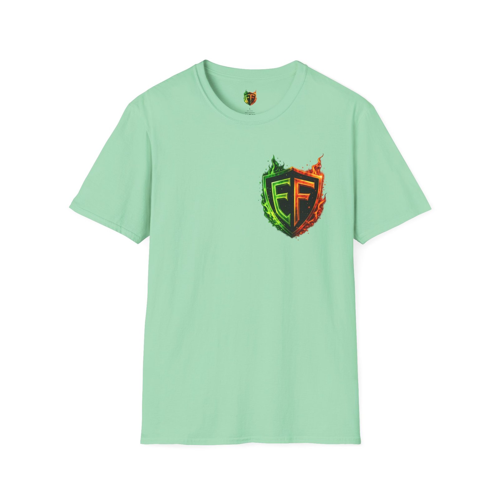 echoflame shield logo t‑shirt — flaming green & orange ef crest echoflame shield logo t‑shirt — flaming green & orange ef crest