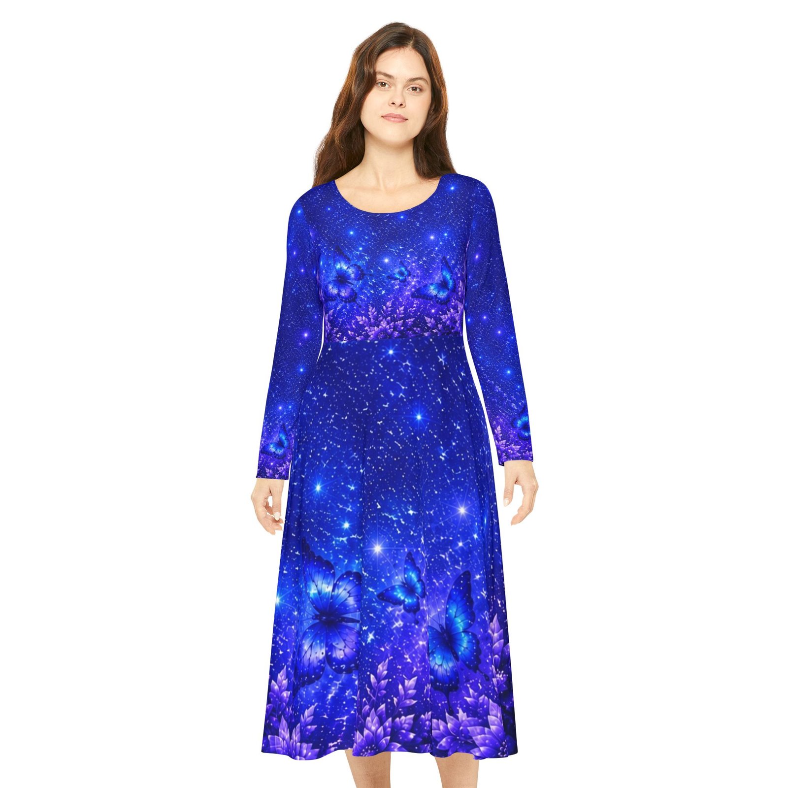 echoflame butterfly galaxy floral long sleeve dance dress — blue cosmic blossom aop echoflame butterfly galaxy floral long sleeve dance dress — blue cosmic blossom aop