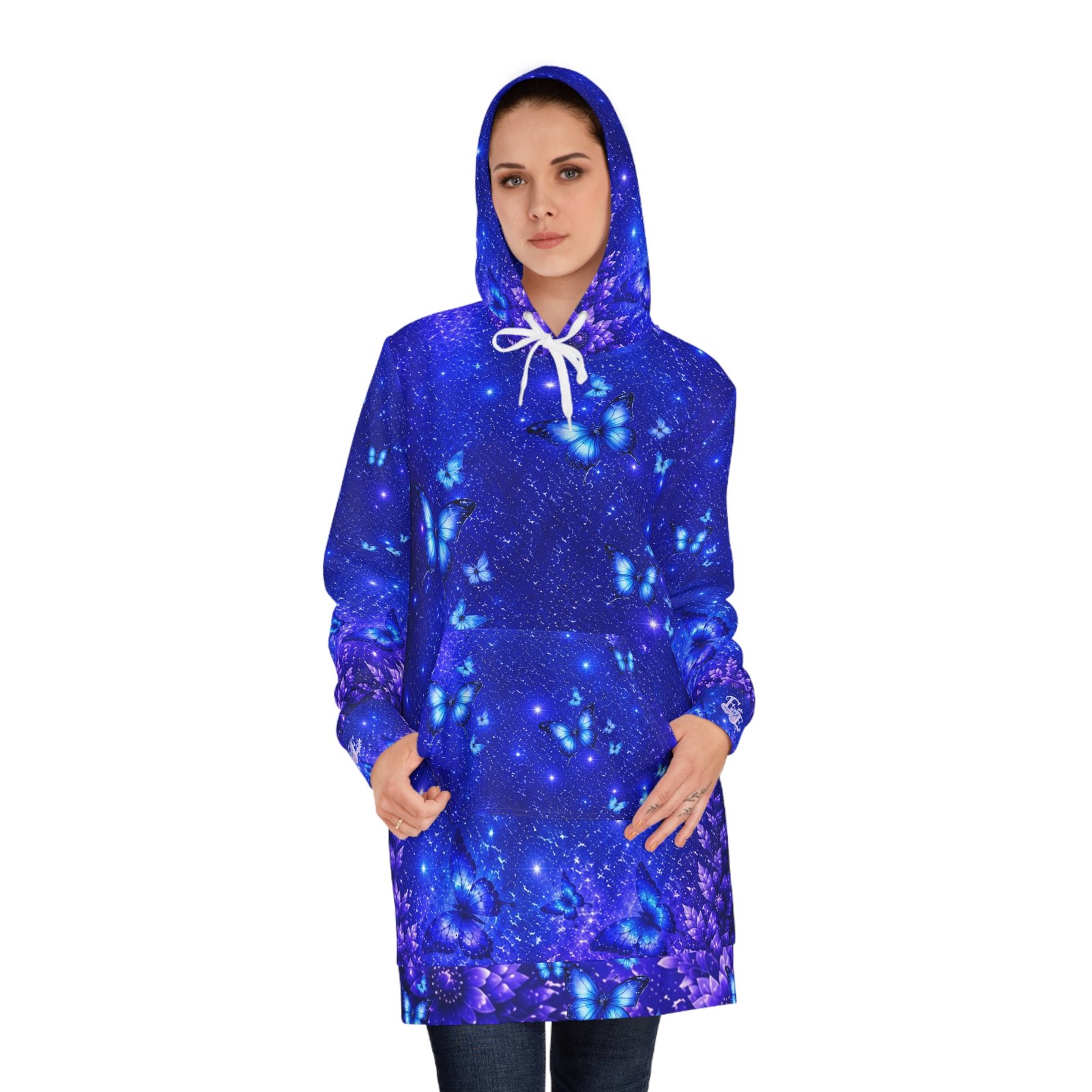 echoflame blue butterfly galaxy hoodie dress — women's all over print cozy dress echoflame blue butterfly galaxy hoodie dress — women's all over print cozy dress
