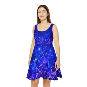 echoflame blue galaxy skater dress — cosmic starfield aop for women