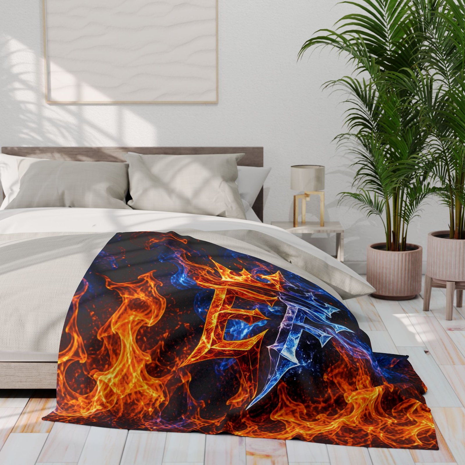 echoflame fire & ice crown fleece blanket — arctic fleece with 'ef' flame design echoflame fire & ice crown fleece blanket — arctic fleece with 'ef' flame design