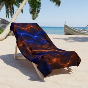 echoflame flame & wave beach towel — blue and orange fire swirl design