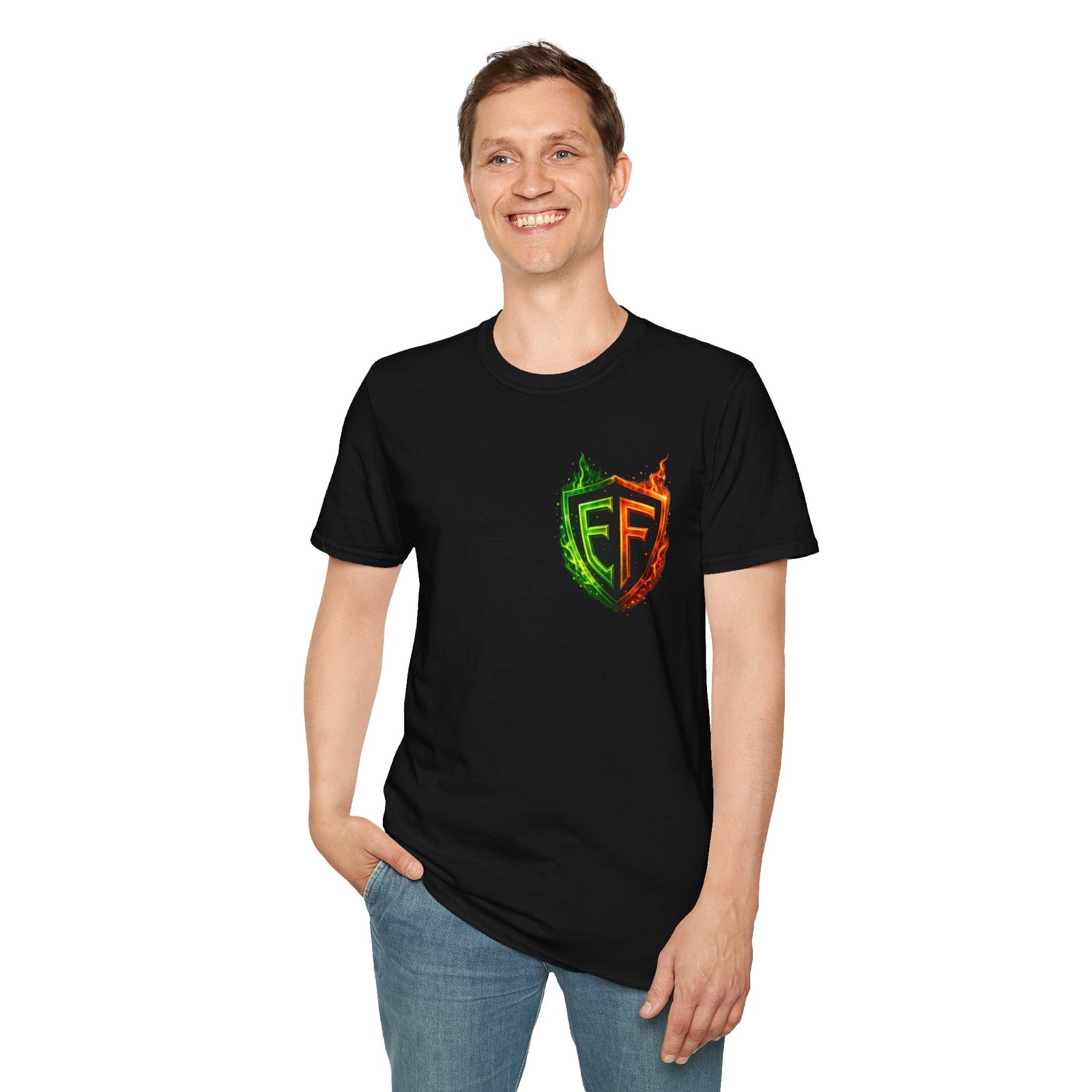 echoflame shield logo t‑shirt — flaming green & orange ef crest echoflame shield logo t‑shirt — flaming green & orange ef crest