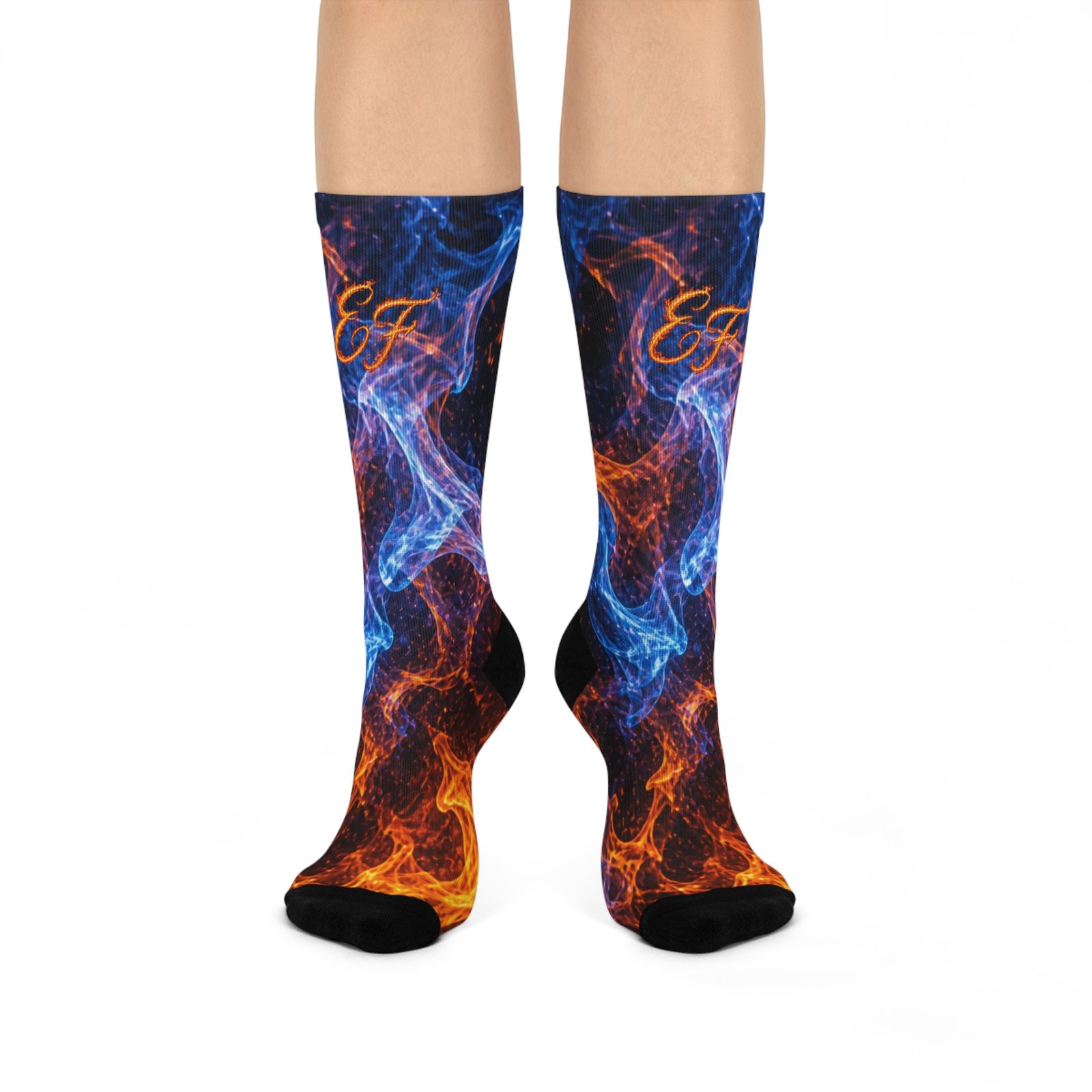 echoflame flame & smoke crew socks — blue orange fire pattern cushioned socks echoflame flame & smoke crew socks — blue orange fire pattern cushioned socks