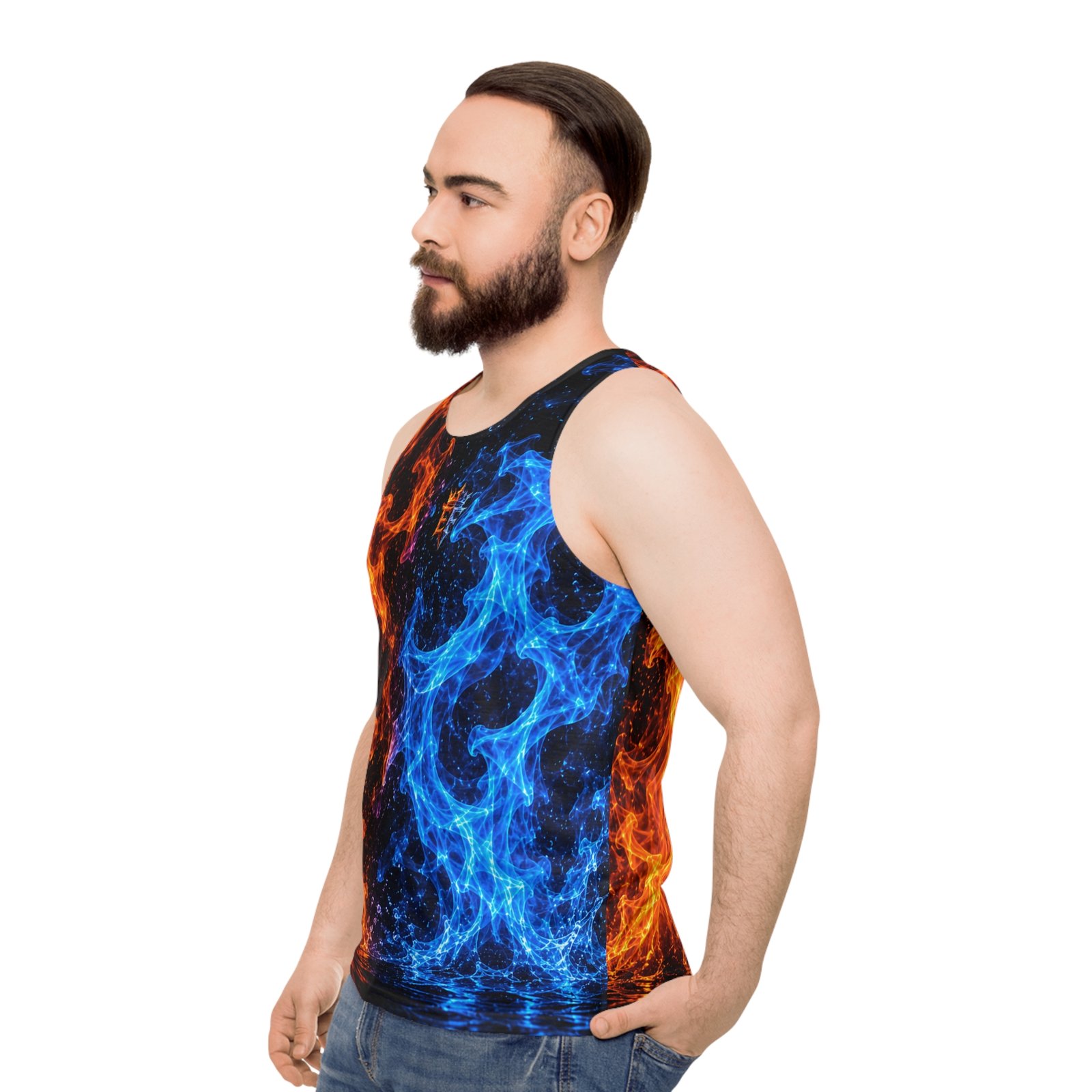 echoflame fire and ice all over print tank top — blue & orange flame graphic echoflame fire and ice all over print tank top — blue & orange flame graphic