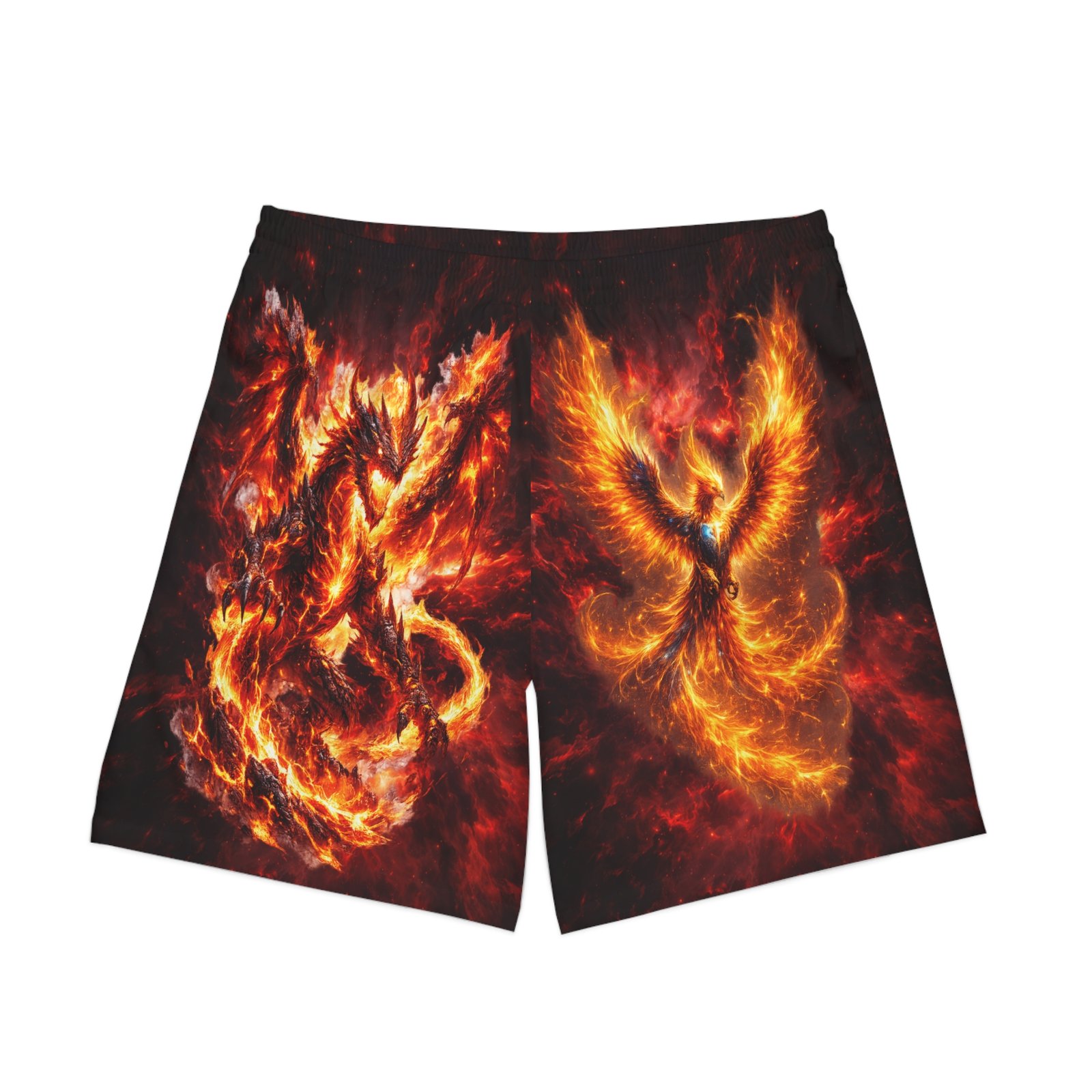 echoflame fiery dragon & phoenix swim shorts — men’s beach trunks echoflame fiery dragon & phoenix swim shorts — men’s beach trunks