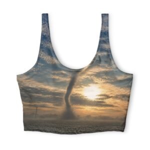 echoflame tornado sunset sports bra — all over print atmospheric activewear