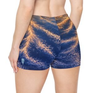 echoflame sunset wave women's athletic shorts — golden blue ocean print