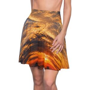 echoflame sunset sky skater skirt — vibrant golden cloud print