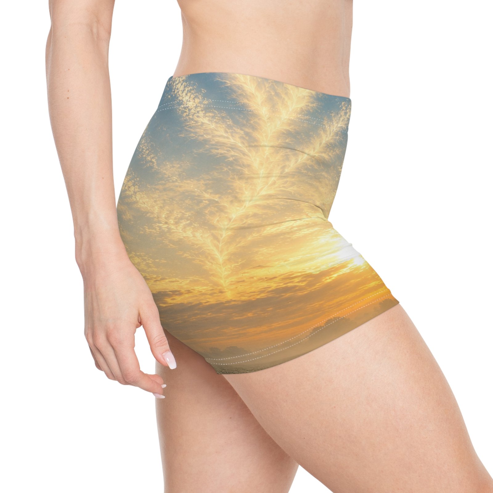 echoflame sunrise sky women's shorts – coastal sunset photo print echoflame sunrise sky women's shorts – coastal sunset photo print